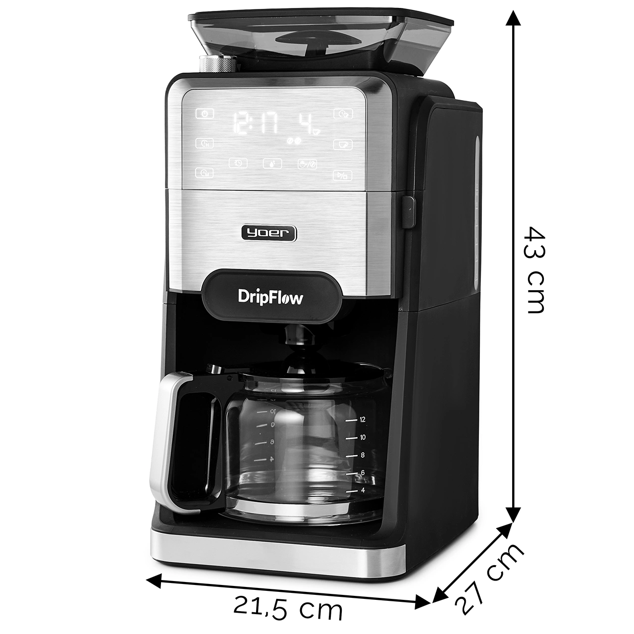 Czarny i srebrny ekspres do kawy ze szklaną karafką, cyfrowym wyświetlaczem czasu i wymiarami 21,5 cm x 27 cm x 43 cm.