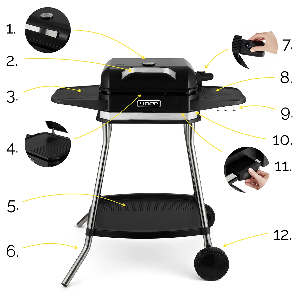 Czarny grill na srebrnej ramie. Posiada stoliki boczne, panel sterowania i kółka. Części są numerowane do identyfikacji.