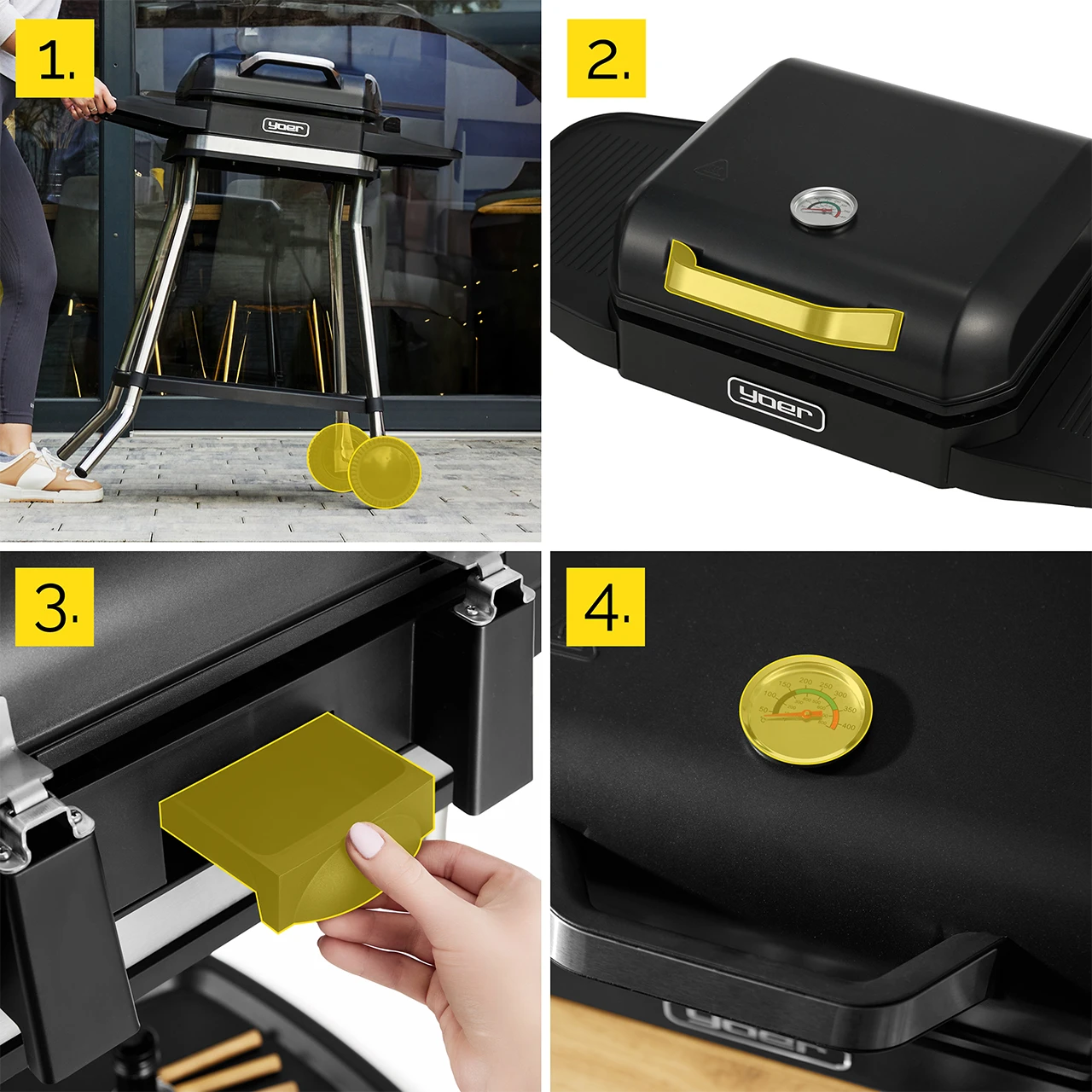 Czarny grill ze srebrnymi nogami. Osoba trzyma uchwyt. Grill ma żółte koła i termometr.