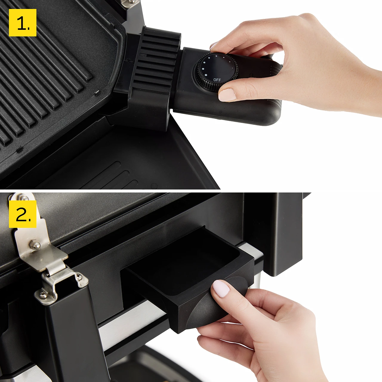 Ręka reguluje pokrętło temperatury na czarnym grillu. Druga ręka wyciąga tackę ociekową spod grilla.