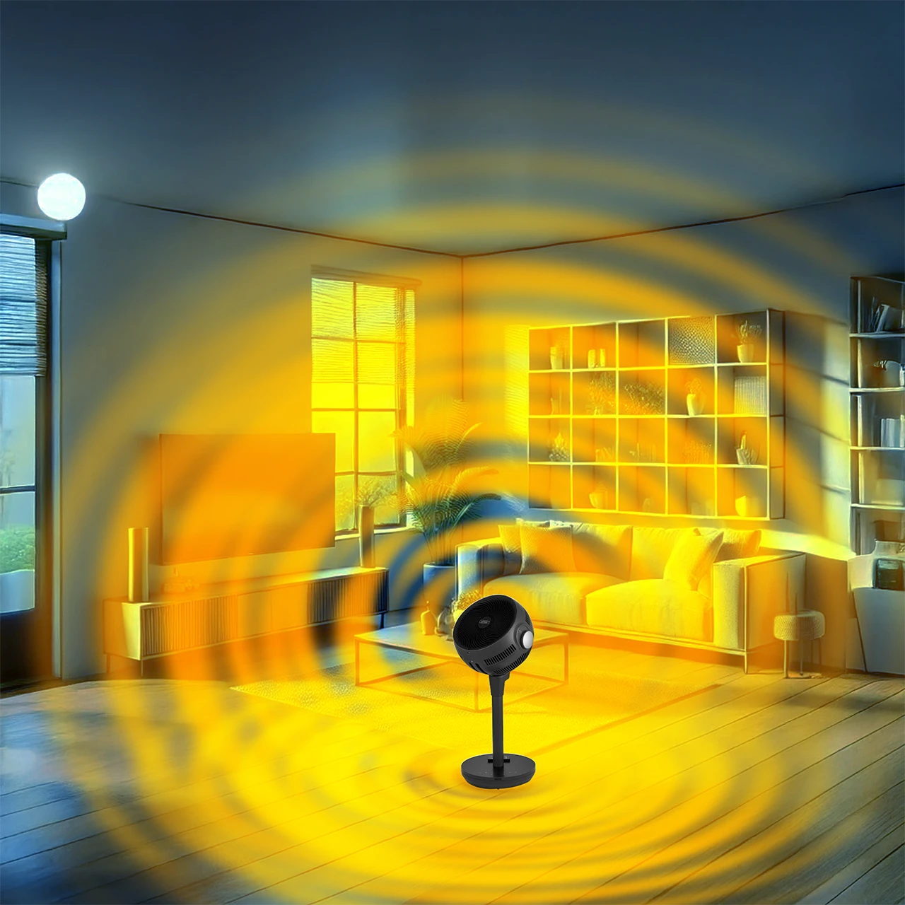 Salon z projektorem na pierwszym planie. Żółte światło emanuje z projektora, oświetlając pokój i meble.