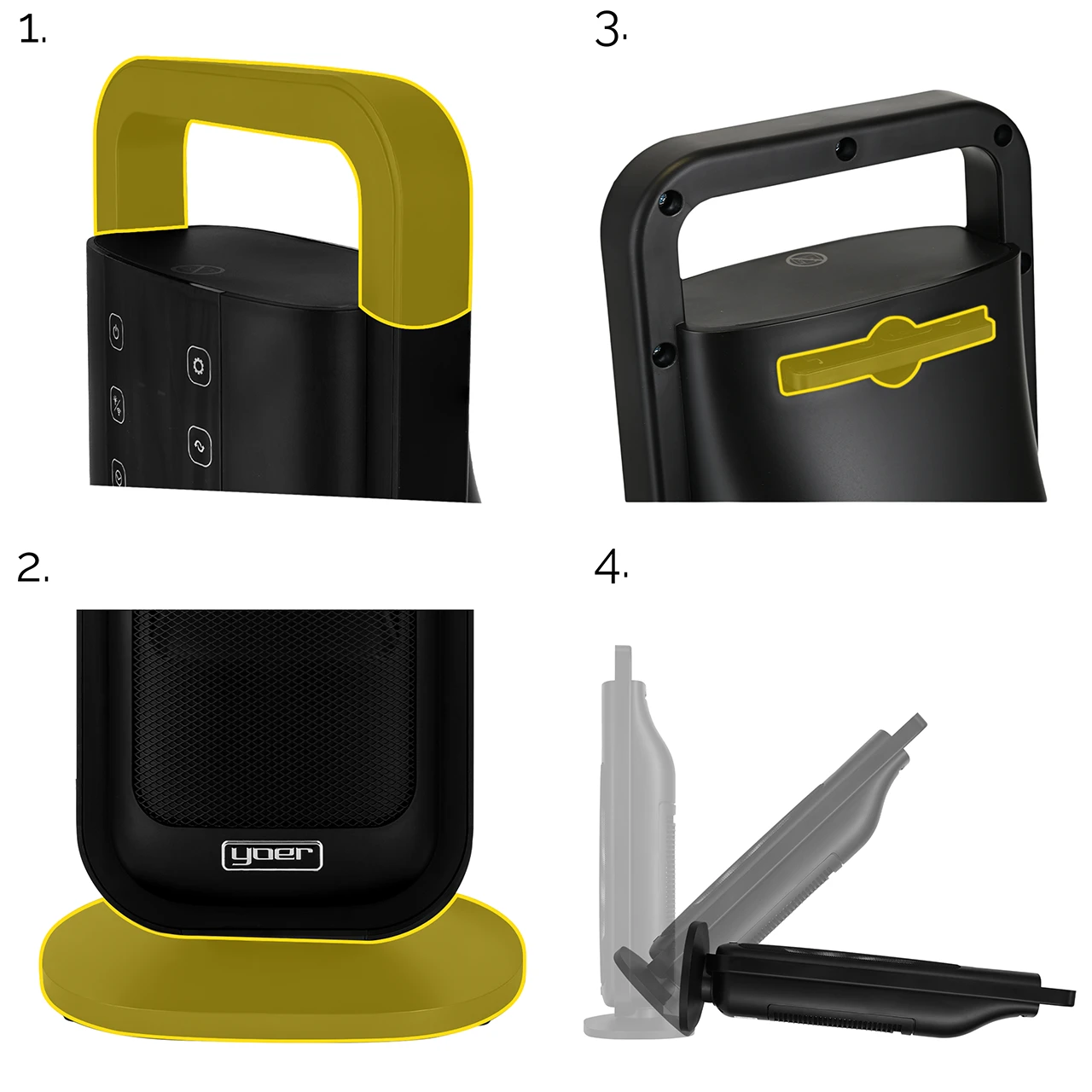 Czarny głośnik z żółtym uchwytem i podstawą. Przód ma przyciski. Marka to 'yoer'.