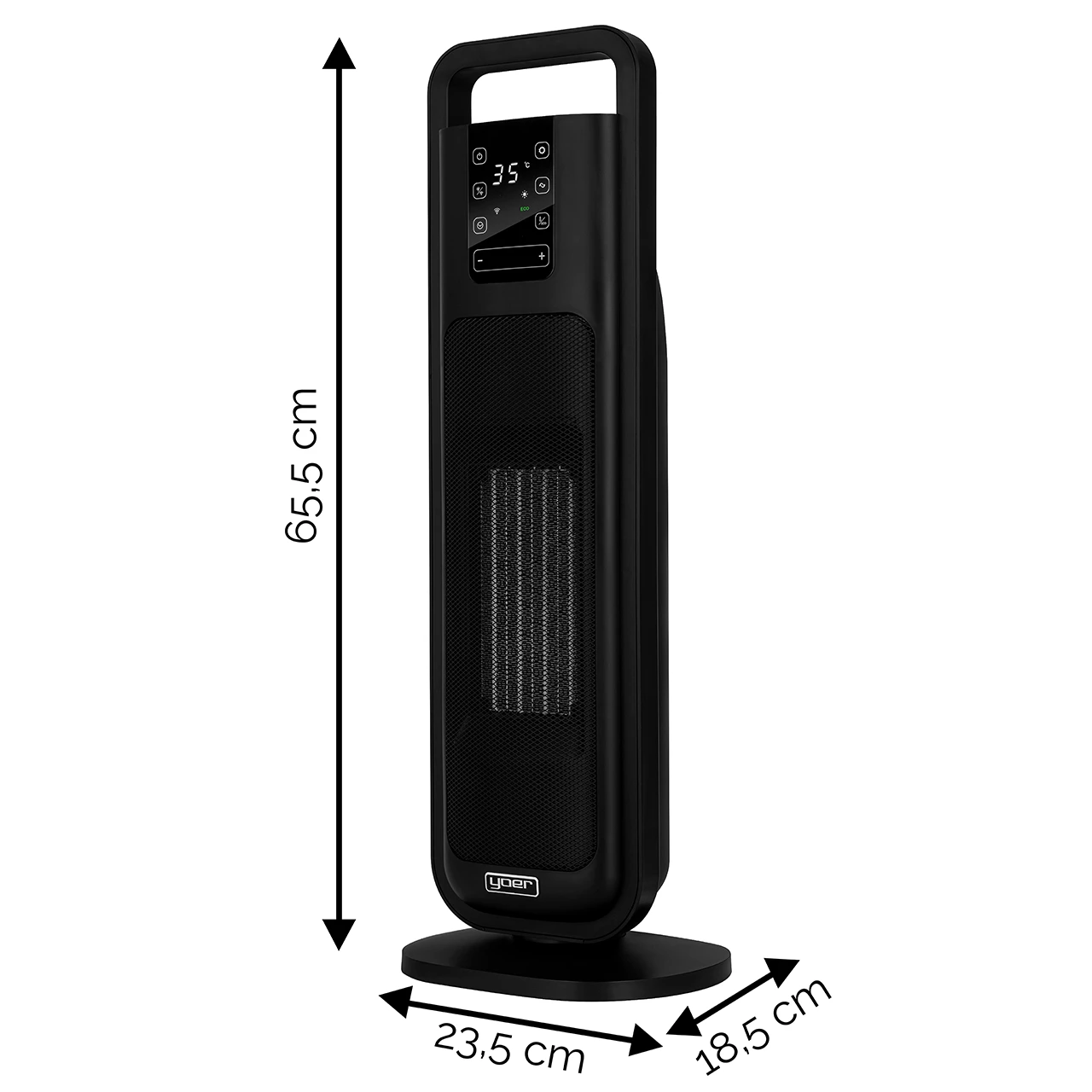 Czarny grzejnik elektryczny z cyfrowym wyświetlaczem pokazującym 35 stopni. Wymiary: 65,5 cm wysokości, 23,5 cm szerokości, 18,5 cm głębokości.