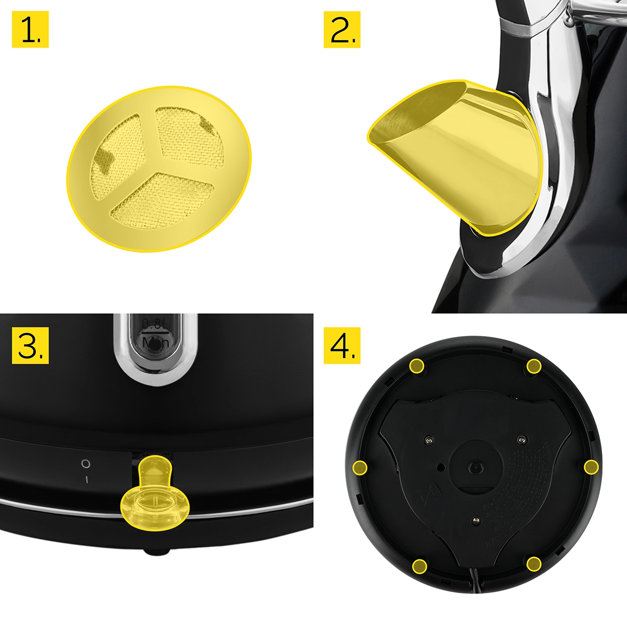 Obraz przedstawia części czarnego czajnika. Zawiera filtr, wylewkę, przycisk włączania/wyłączania i podstawę z żółtymi podświetleniami.