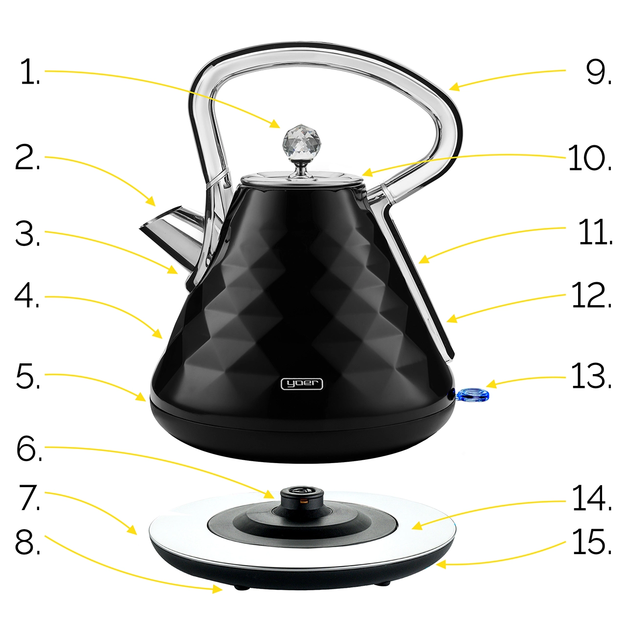 Czarny czajnik elektryczny z diamentowym wzorem, srebrnym uchwytem i podstawą. Podstawa ma oddzielną biało-czarną podstawkę.