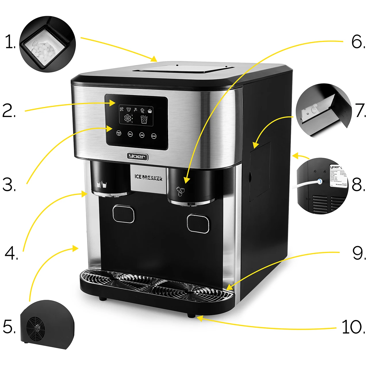Kostkarka do lodu z wyświetlaczem i wylewkami. Ma czarno-srebrny design z tacką ociekową i wentylatorem.