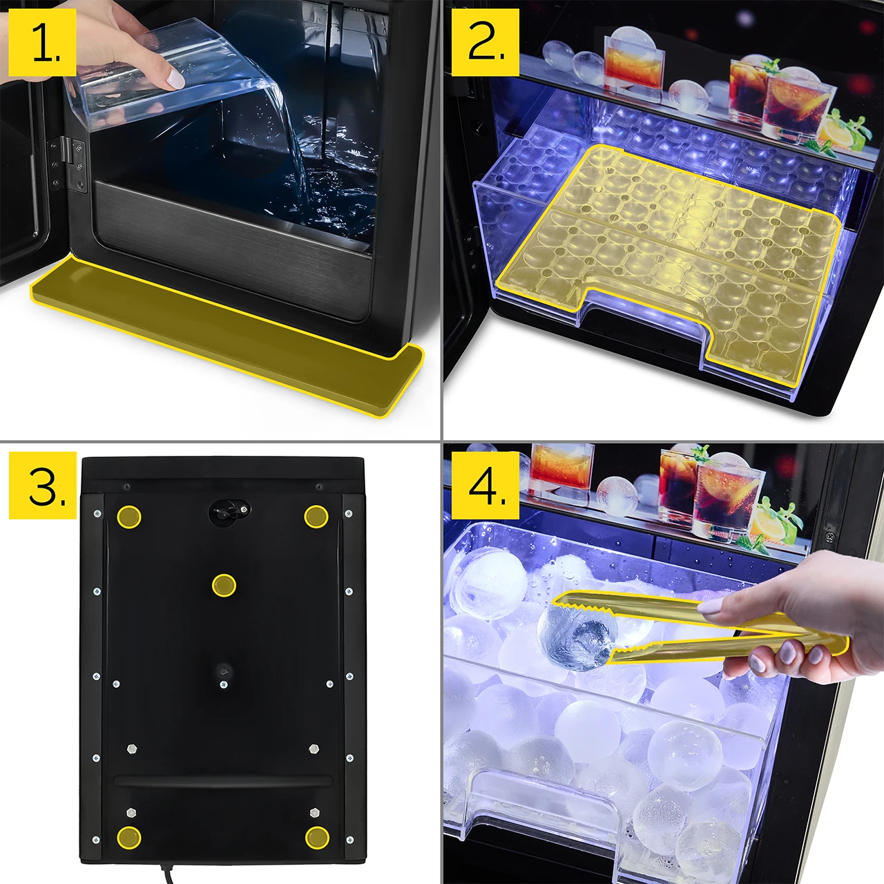 Obrazy pokazują części maszyny do lodu: napełnianie wodą, tace na lód, widok od dołu i wyjmowanie kul lodowych szczypcami, napoje w tle.