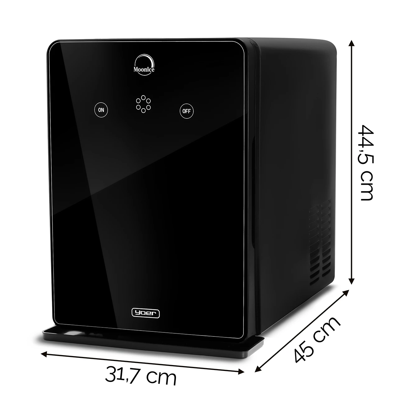 Czarna kostkarka MoonIce. Przedni panel ma przyciski włączania/wyłączania i wymiary. Ma 44,5 cm wysokości, 45 cm głębokości i 31,7 cm szerokości.