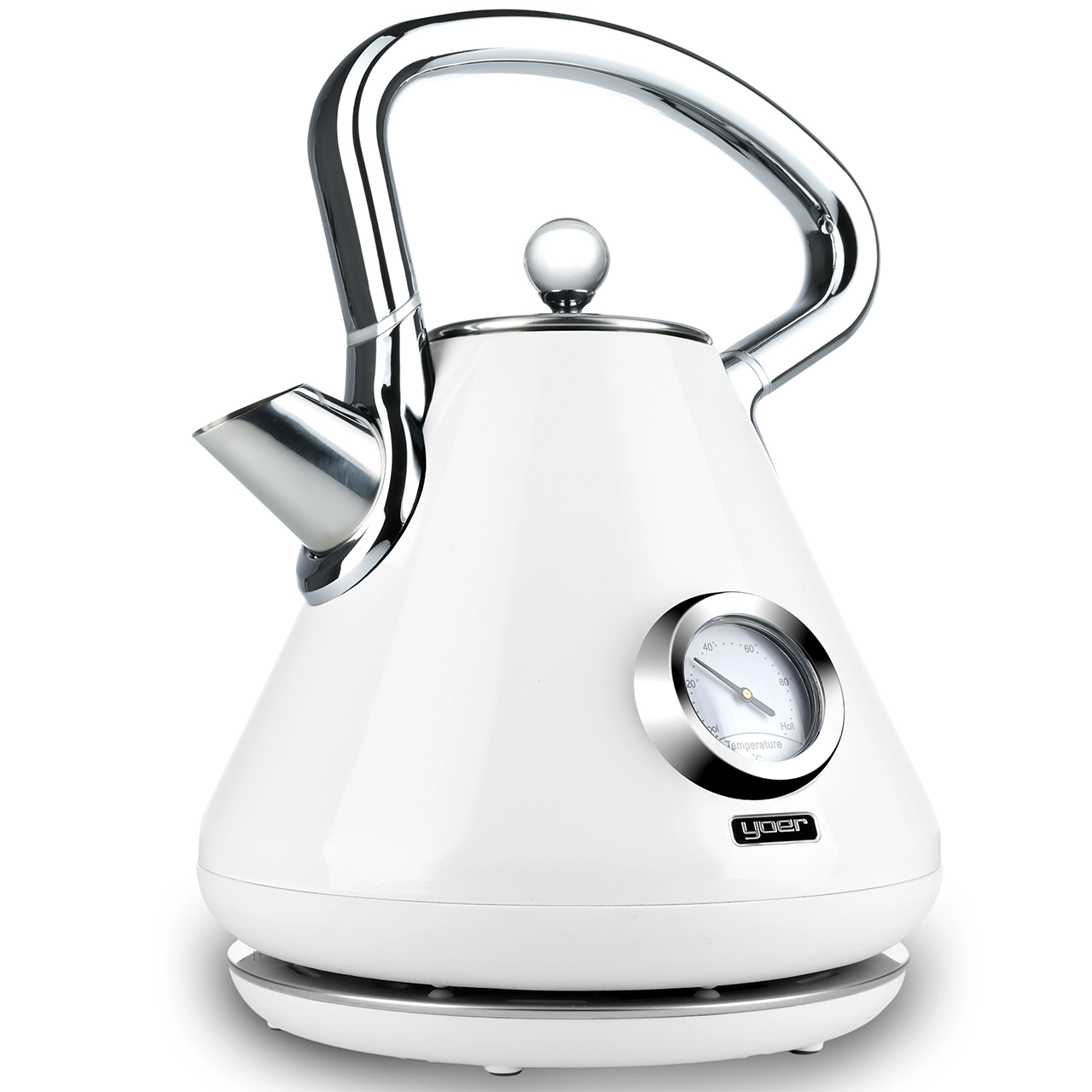 Biały czajnik elektryczny ze srebrnym uchwytem i wylewką. Posiada wskaźnik temperatury i stoi na białej podstawie.