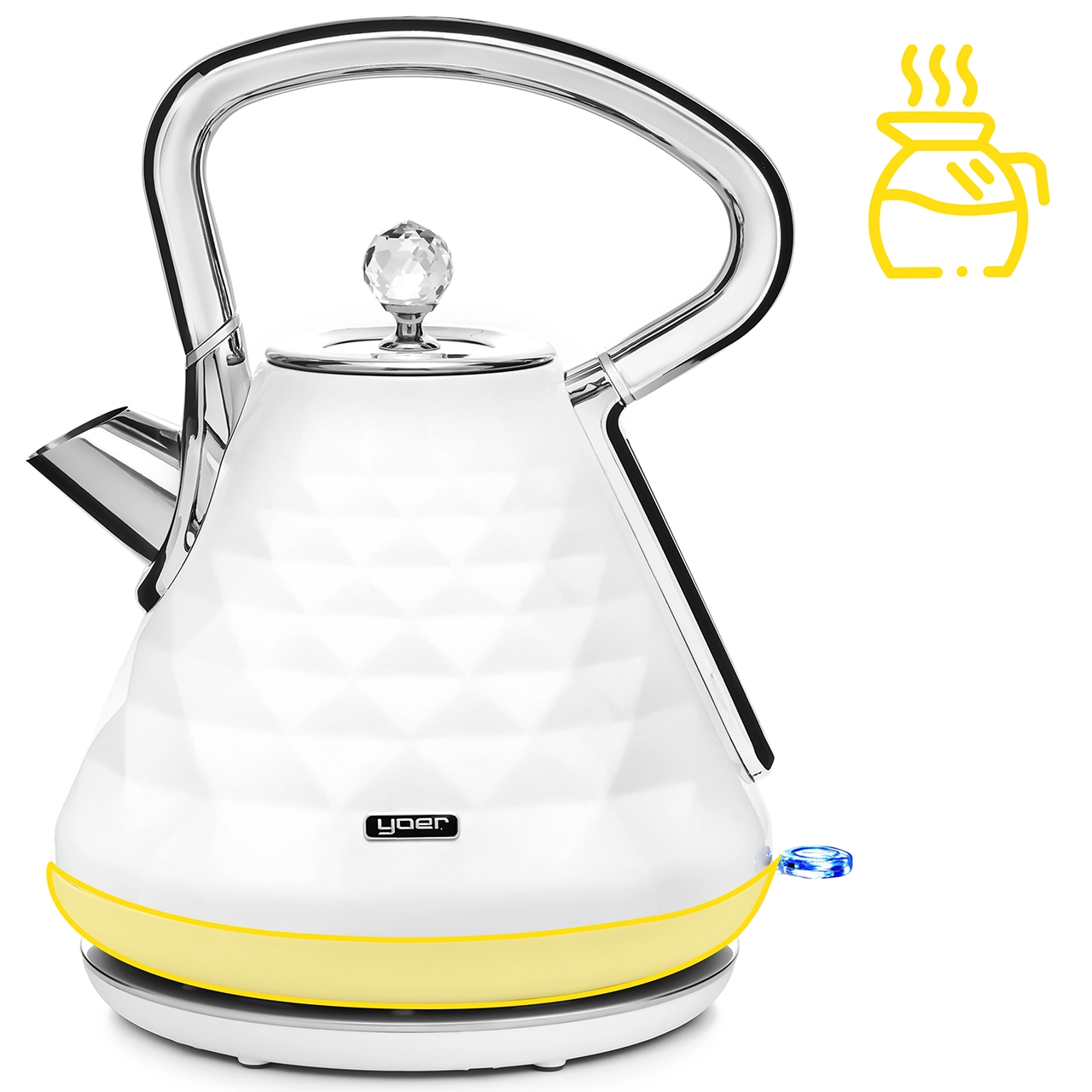 Biały i chromowany czajnik elektryczny z żółtą podstawą. Ma kryształowy uchwyt i ikonę pary. Podstawa ma niebieskie światło.