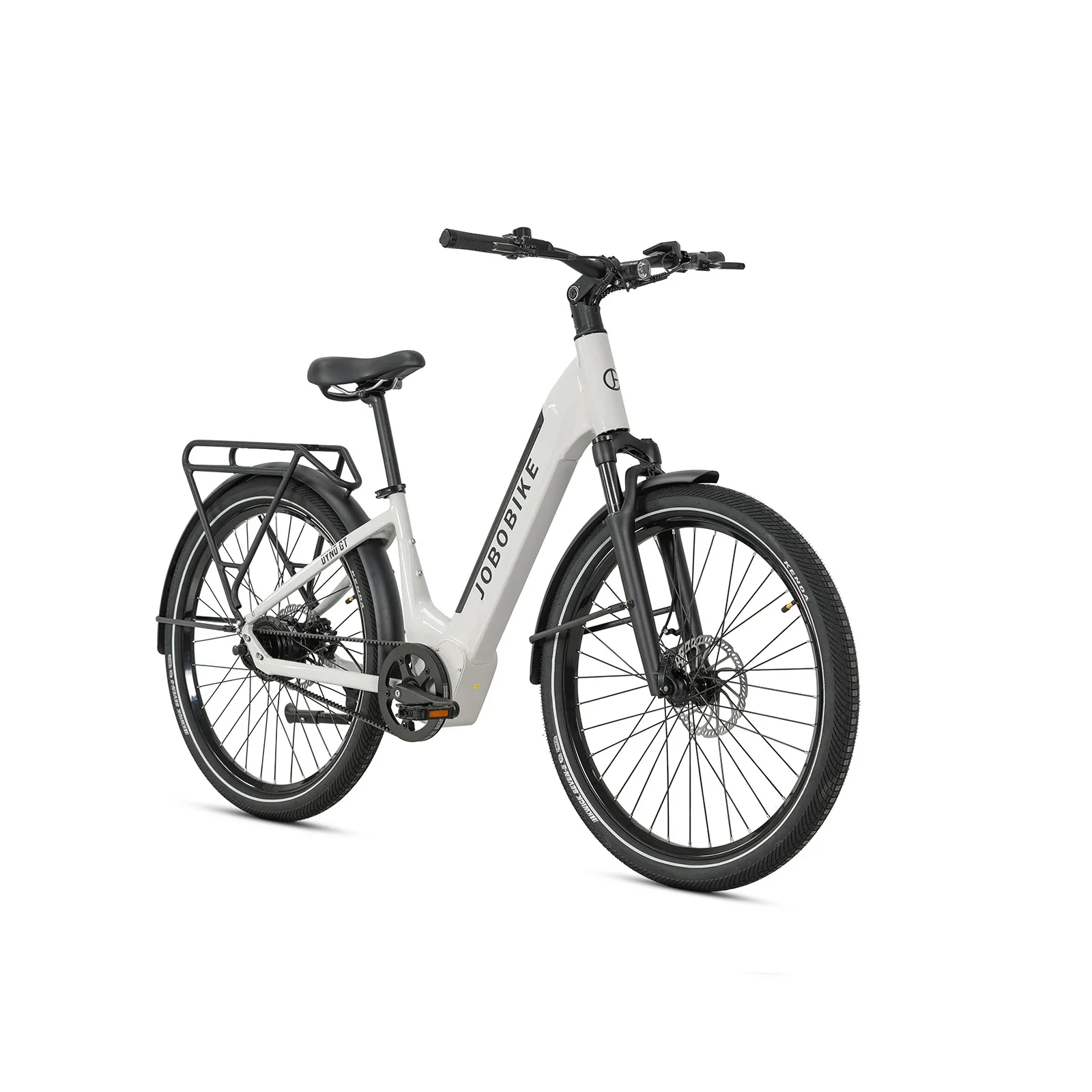 Biały rower elektryczny na białym tle. Ma czarne opony, siodełko i kierownicę. Marka to 'JOBOBIKE'.