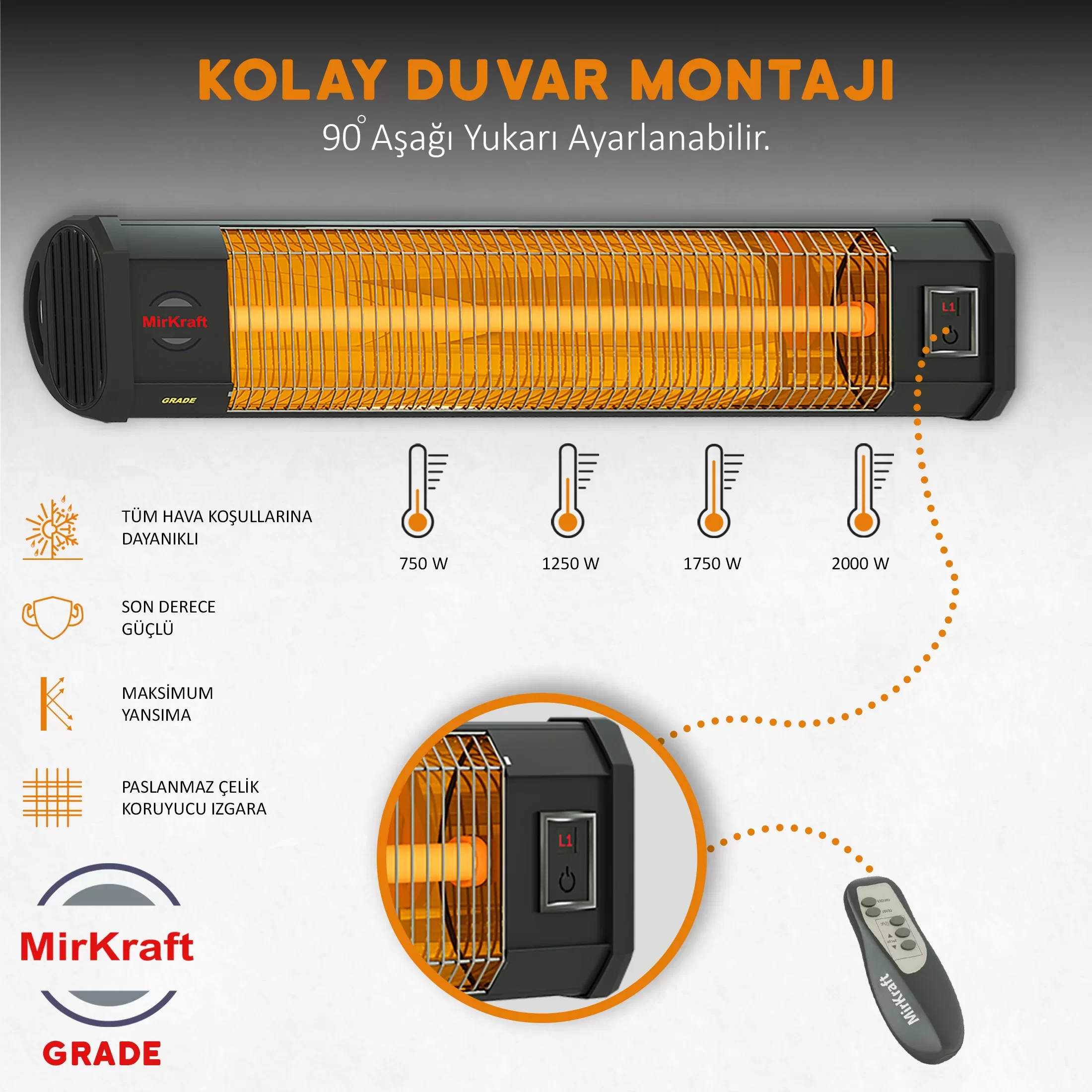 MIRKRAFT Grade Duvara Montaj Uzaktan Kumandalı Karbon 2500 W Elektrikli Isıtıcı Siyah