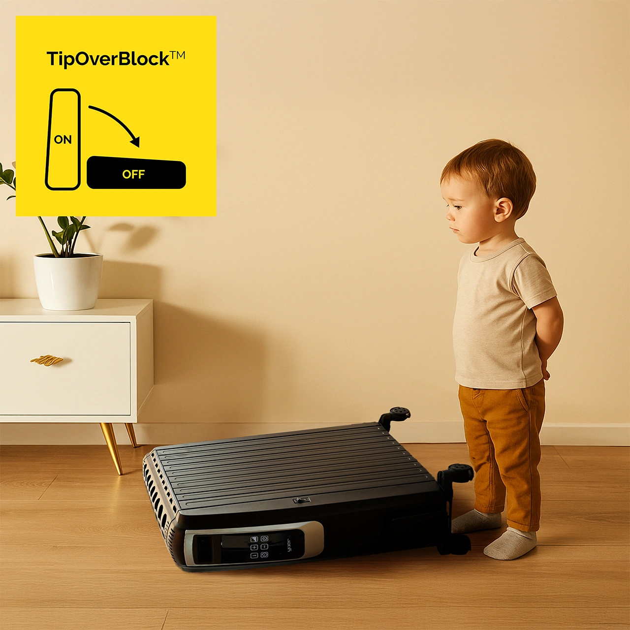 Dziecko stoi obok czarnego urządzenia. Diagram wskazuje pozycję 'OFF'. Biała szafka i roślina po lewej stronie.