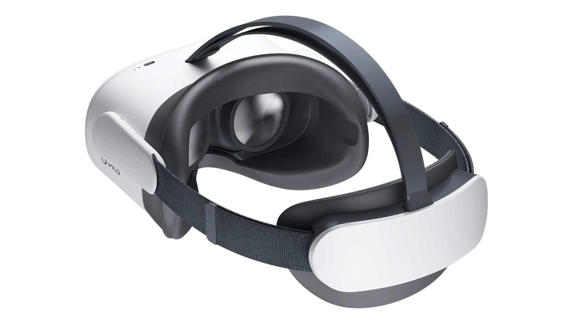 Biały i ciemnoszary zestaw słuchawkowy VR. Zestaw słuchawkowy ma pasek na głowę i poduszkę na twarz. Tło jest czarne.