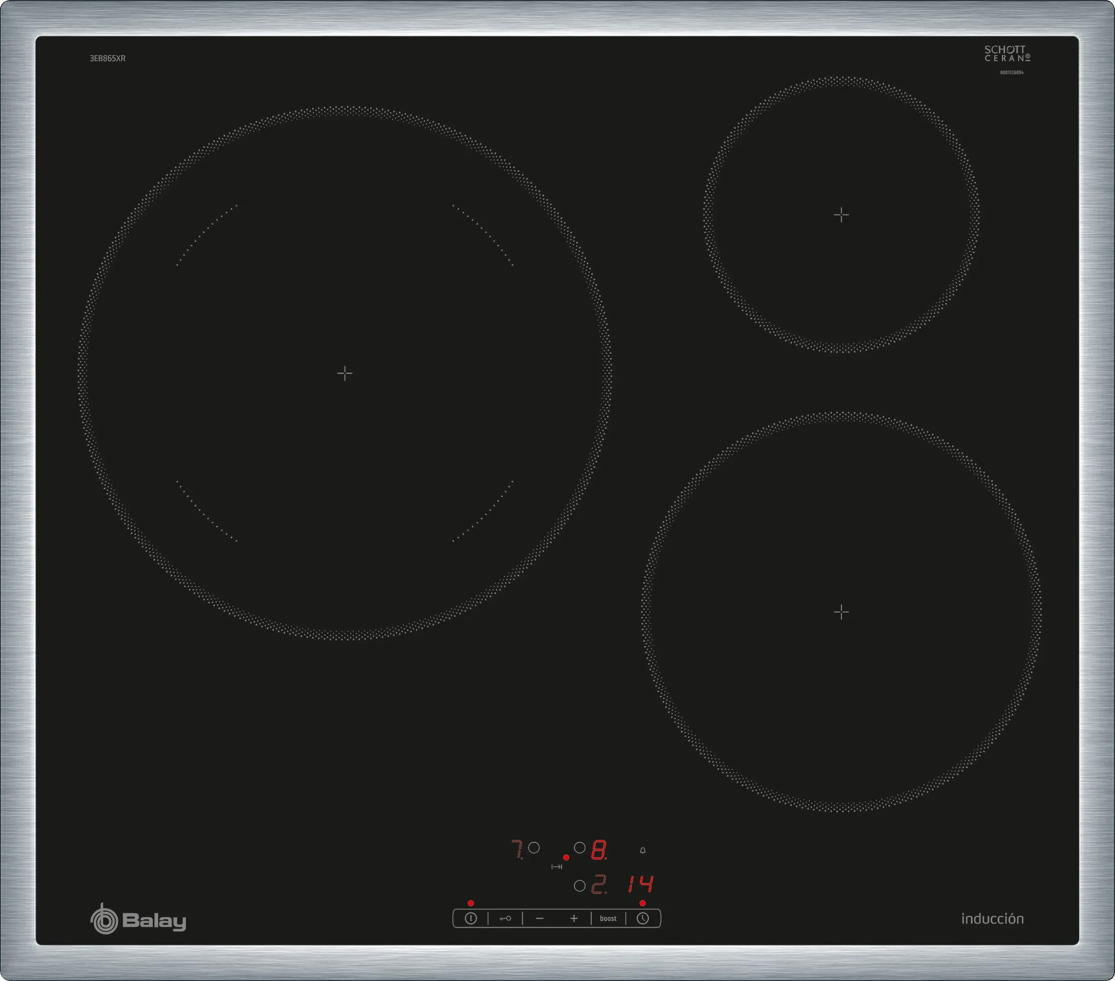 Czarna płyta indukcyjna z trzema strefami gotowania, wyświetlaczem cyfrowym i sterowaniem dotykowym, ze srebrną ramą.