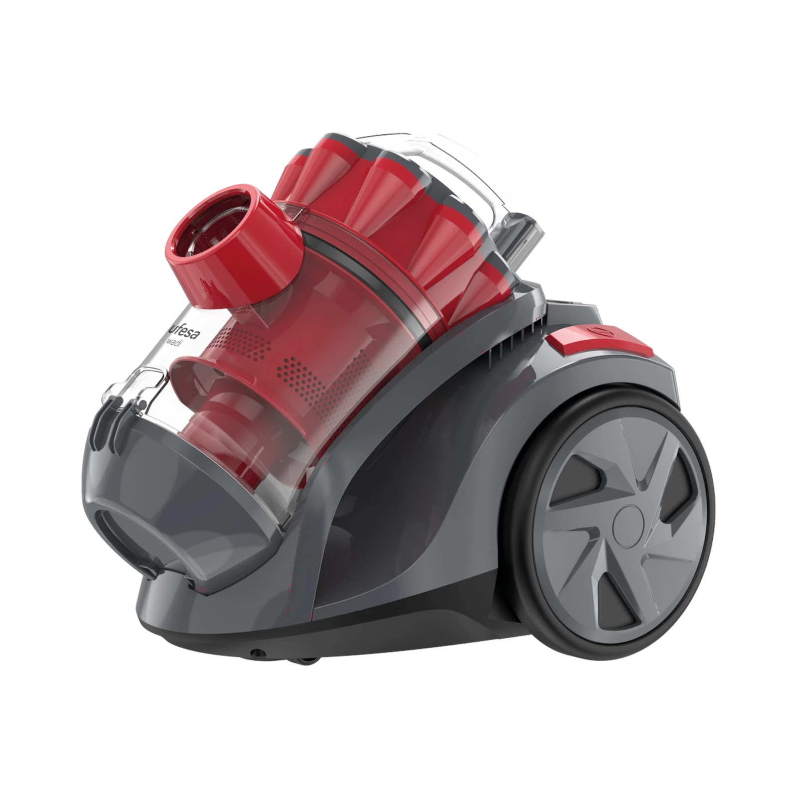 Czerwono-szary odkurzacz z przezroczystym pojemnikiem na kurz. Ma koła i uchwyt. Marka jest widoczna.
