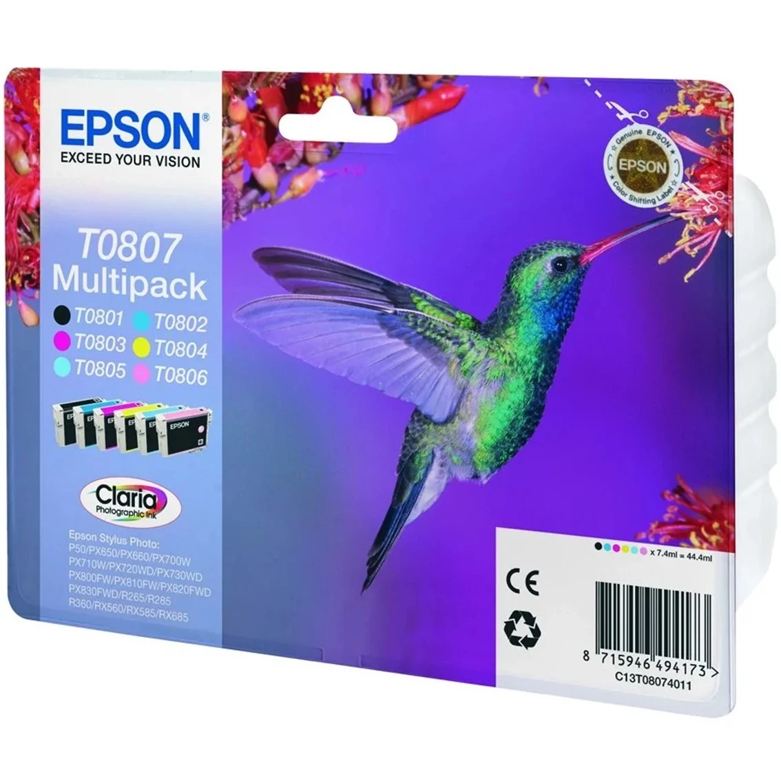 Zestaw tuszów Epson T0807 z kolibrem na fioletowym tle. Widoczne szczegóły produktu i kod kreskowy.