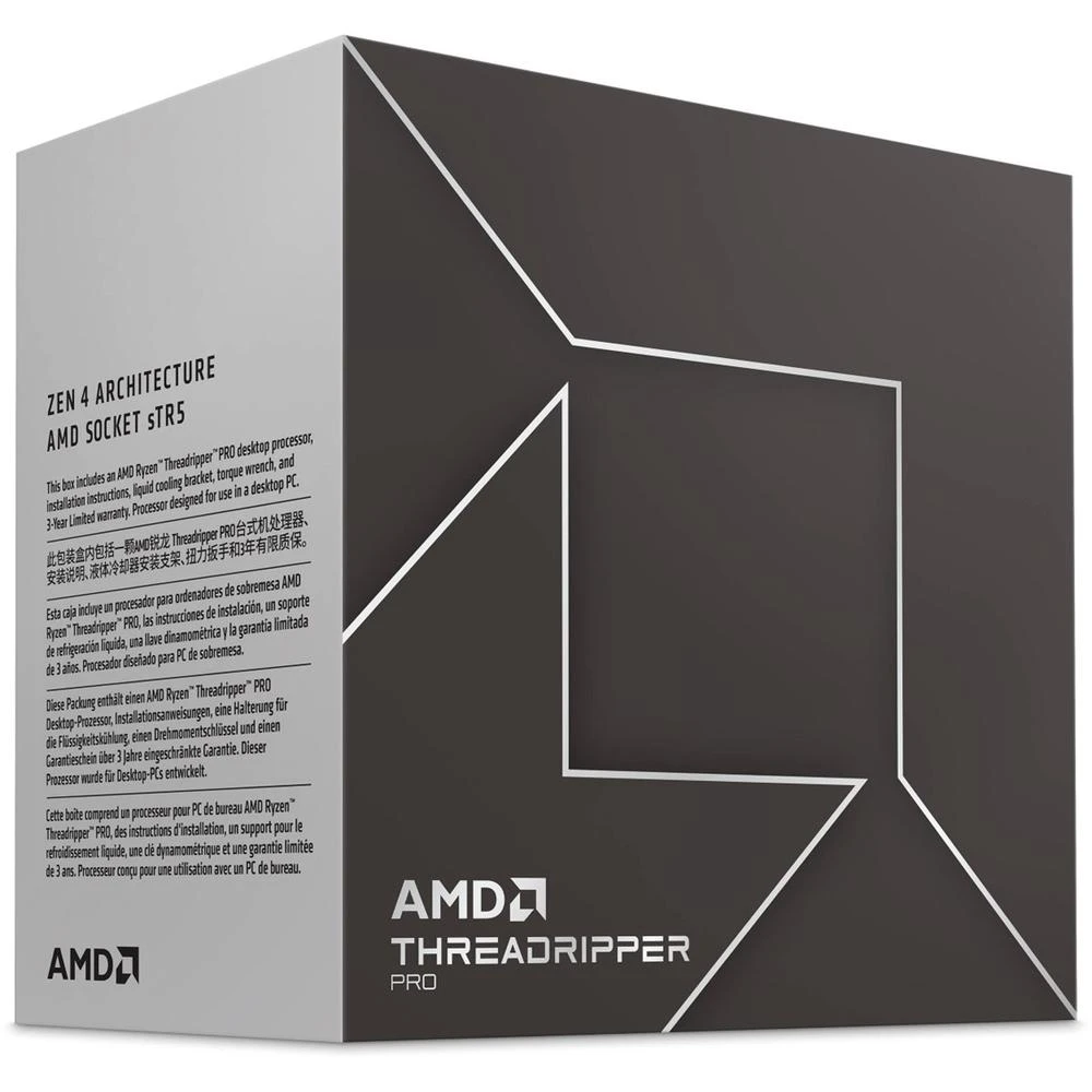 Pudełko AMD Ryzen Threadripper PRO. Ciemnoszare z białym geometrycznym wzorem i szczegółami produktu.