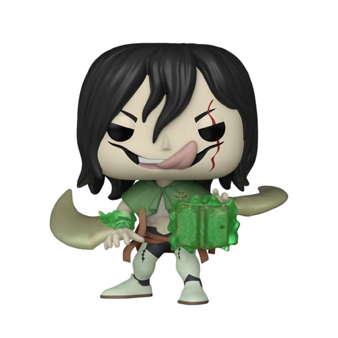 Figurka Funko Pop postaci z czarnymi włosami, wystawionym językiem, trzymającej miecz i zieloną książkę. Blizna na twarzy. Zielona peleryna.