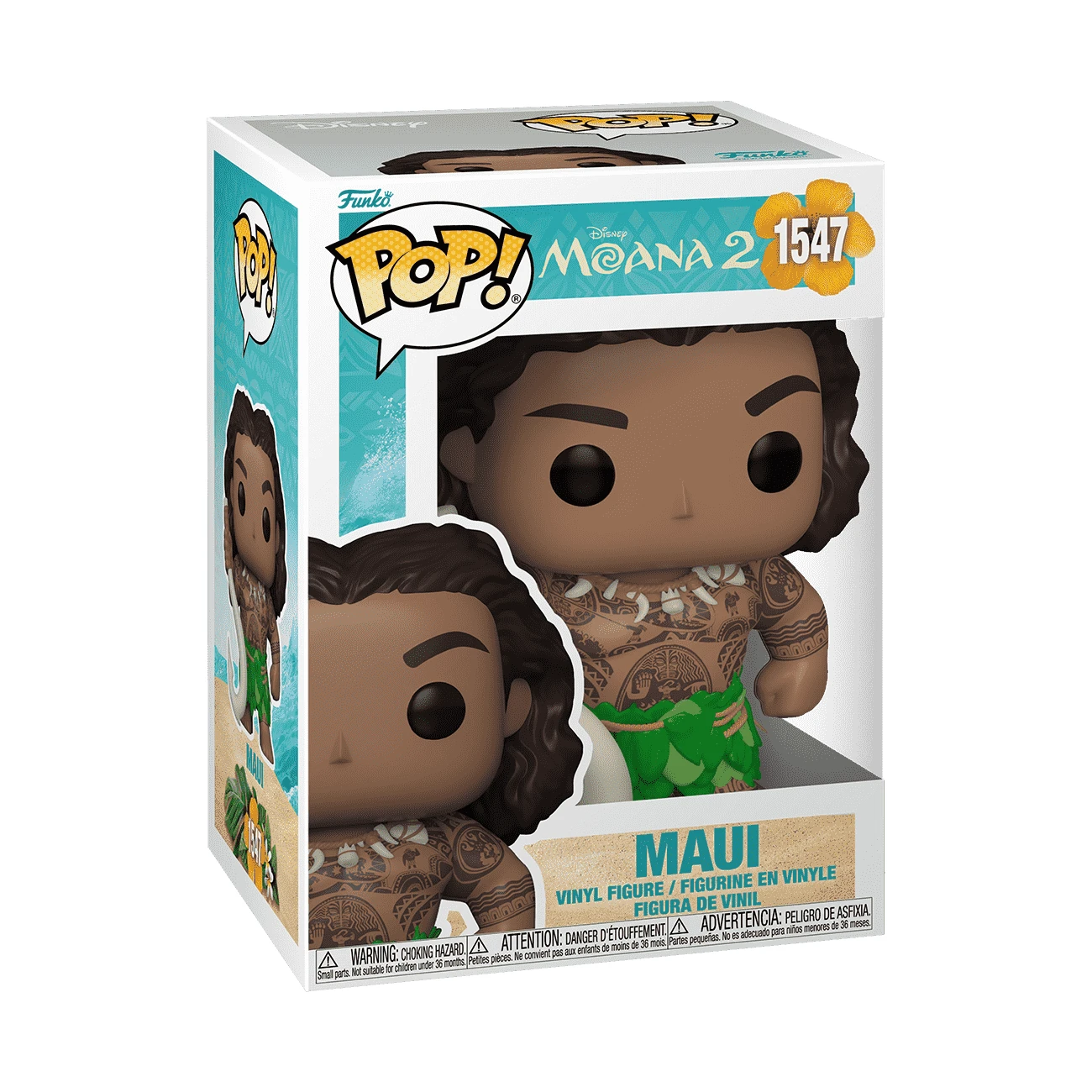 Figurka Funko Pop Maui z Moana 2. Figurka jest w pudełku. Maui ma brązową skórę, tatuaże i zieloną spódnicę z trawy.