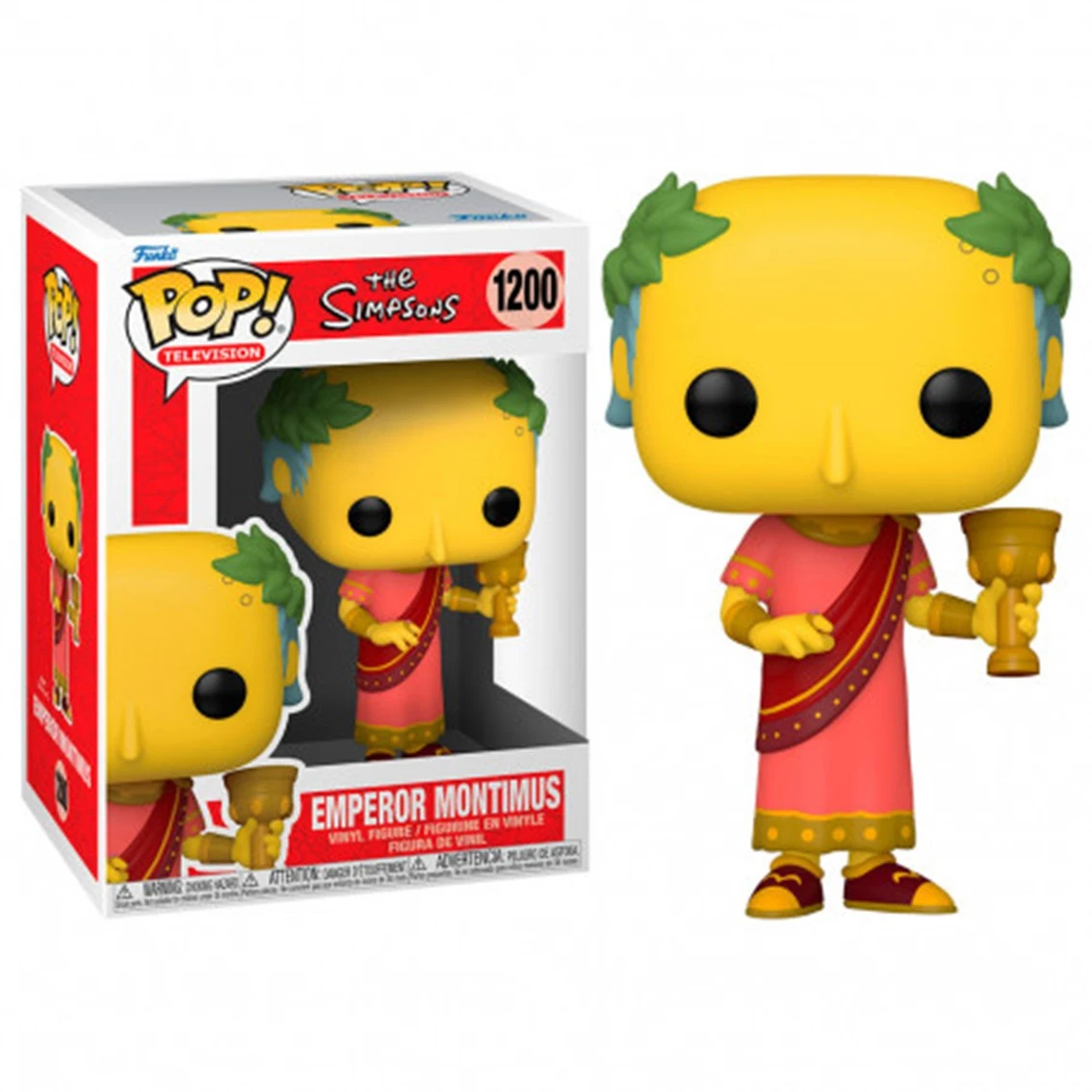 Figurka Funko Pop cesarza Montimusa z The Simpsons. Jest żółty z różową togą, trzyma złotą czarę i jest w pudełku.