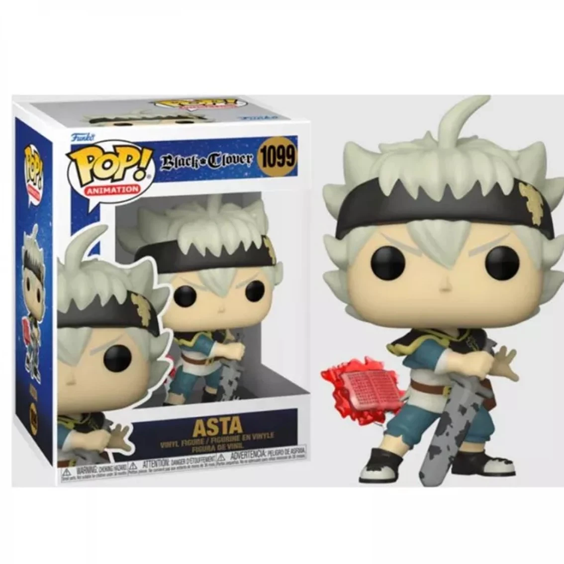 Figurka Funko Pop Asta z Black Clover. Figurka trzyma miecz i czerwoną książkę. Pudełko w tle.