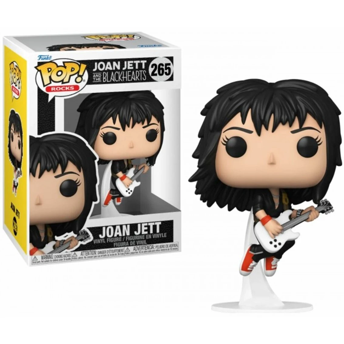 Figurka Funko Pop Joan Jett, z czarnymi włosami, trzymająca białą gitarę. Figurka stoi na podstawce z pudełkiem w tle.