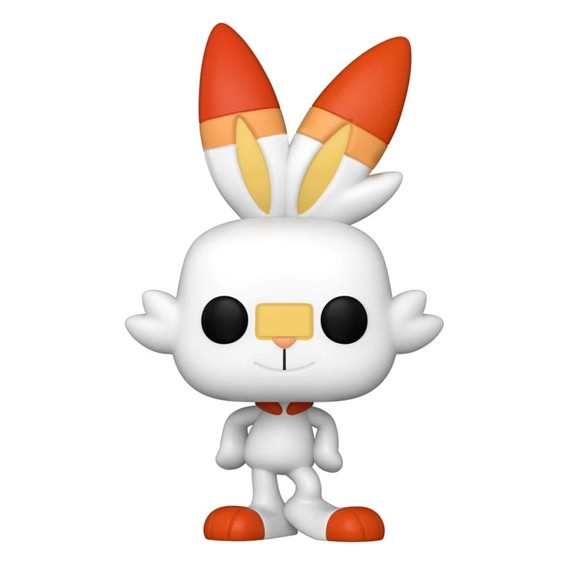 Biała figurka Scorbunny z pomarańczowymi uszami, czarnymi oczami i pomarańczowymi stopami, w czerwonym kołnierzu. Stoi na białym tle.