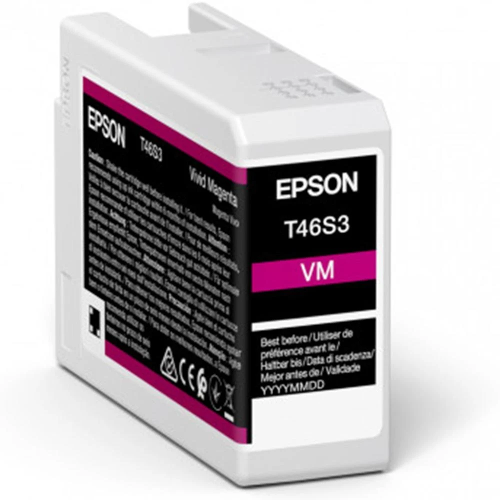 Wkład atramentowy Epson T46S3 Vivid Magenta. Dominują kolory biały i magenta, z marką Epson i etykietami tekstowymi.
