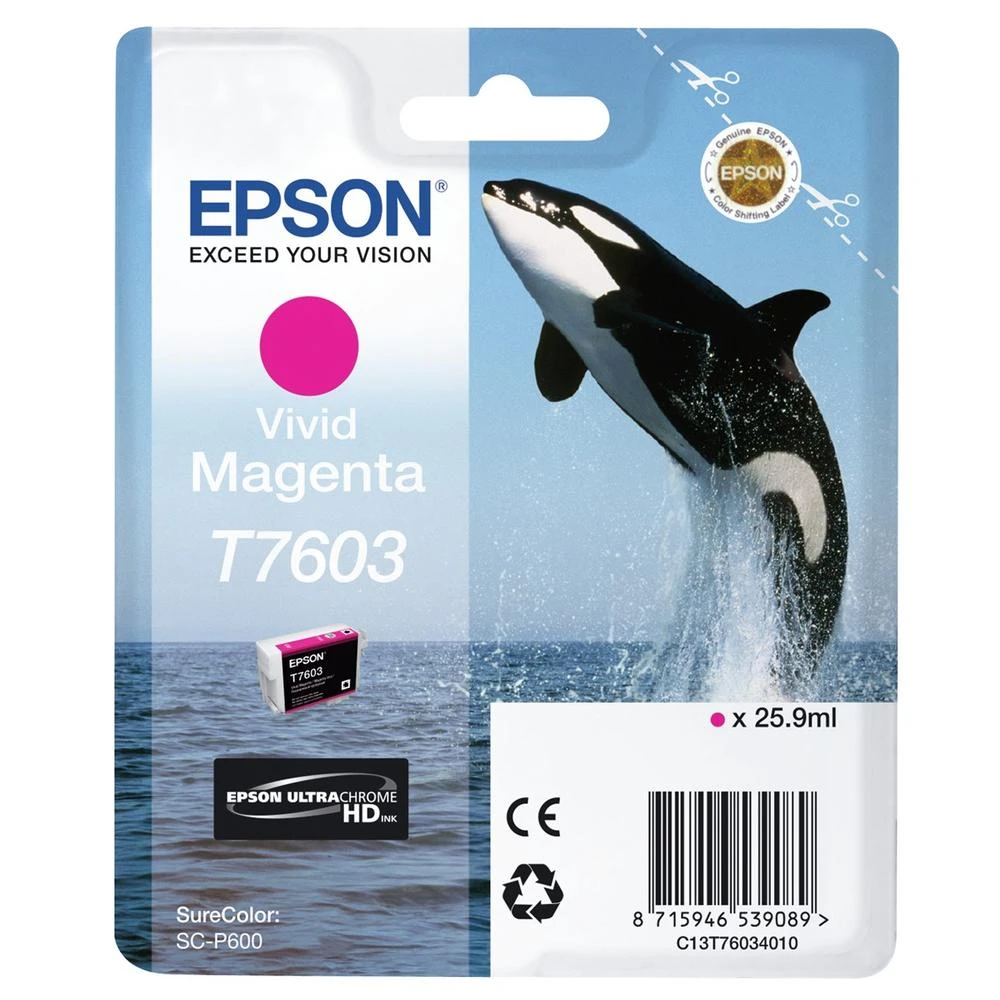 Wkład atramentowy Epson z ilustracją skaczącego orki. Zawiera żywy magenta atrament, produkt to T7603.