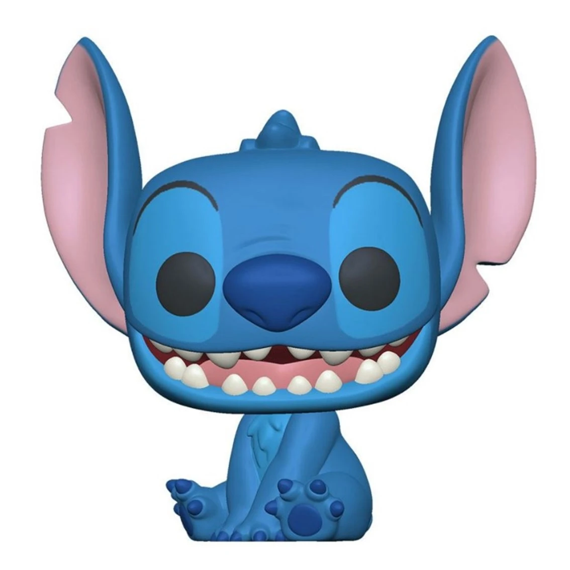 Niebieska figurka Stitch Funko Pop z dużymi uszami, szerokim uśmiechem i czarnymi oczami. Siedzi. Tło jest białe.