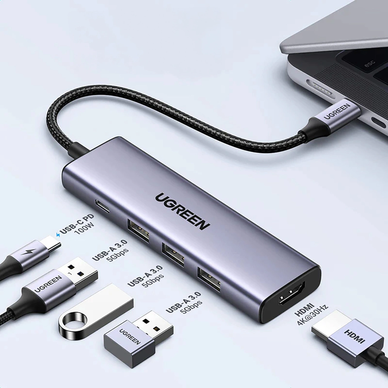 Hub USB UGREEN podłączony do laptopa. Posiada wiele portów: USB-A, USB-C i HDMI. Pokazano dodatkowe urządzenia USB.