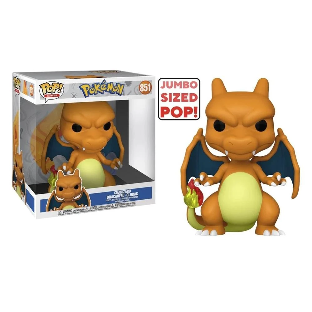 Duża figurka Charizard Funko Pop. Pomarańczowy z niebieskimi skrzydłami i zielonym brzuchem, wystawiony obok pudełka.