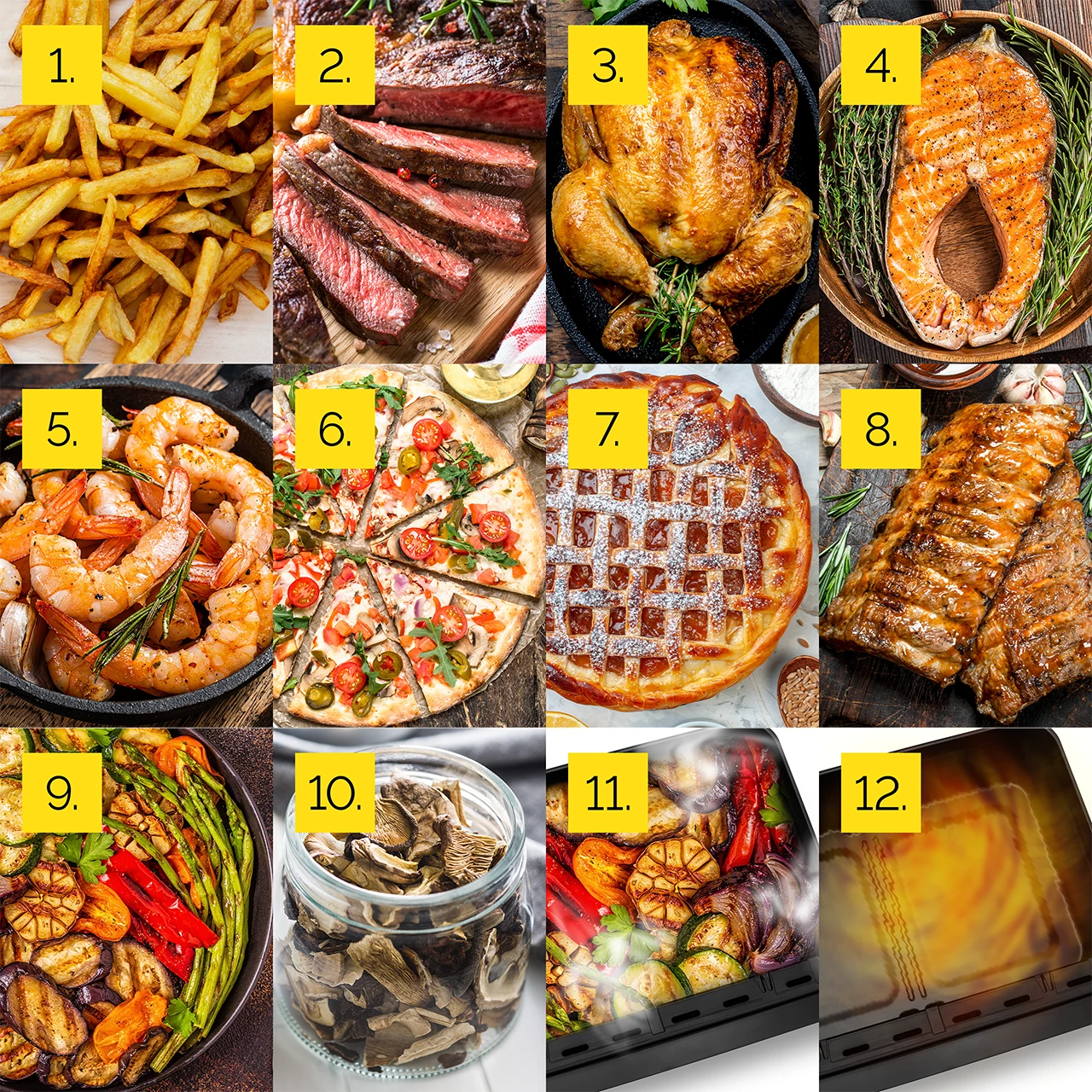 Obraz przedstawia różne dania: frytki, stek, kurczak, łosoś, krewetki, pizza, ciasto, żeberka, grillowane warzywa, grzyby, pieczone warzywa i grill.