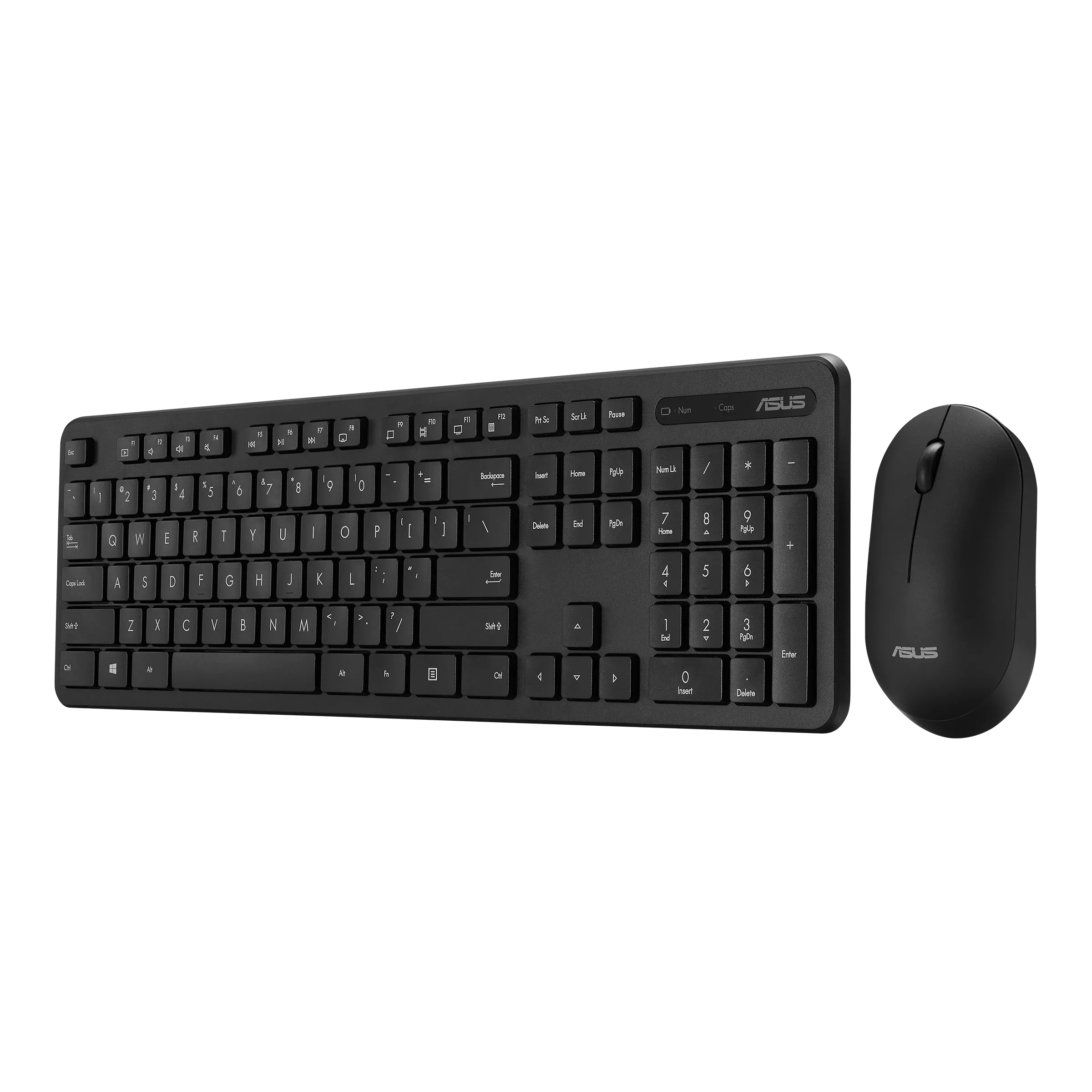 Czarny zestaw klawiatury i myszy na czarnym tle, z logo ASUS.