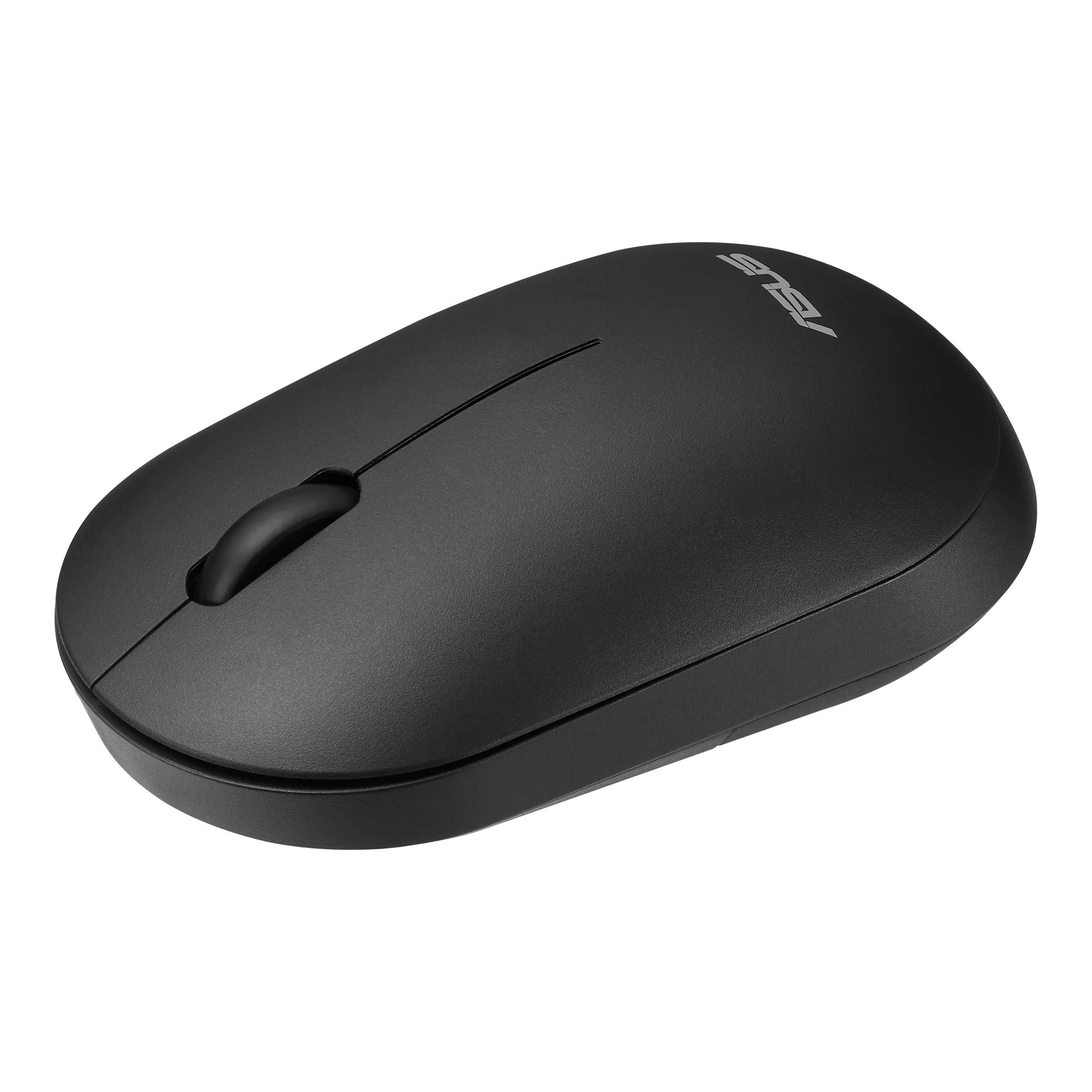 Czarna bezprzewodowa mysz ASUS na czarnym tle. Posiada kółko przewijania i logo ASUS.