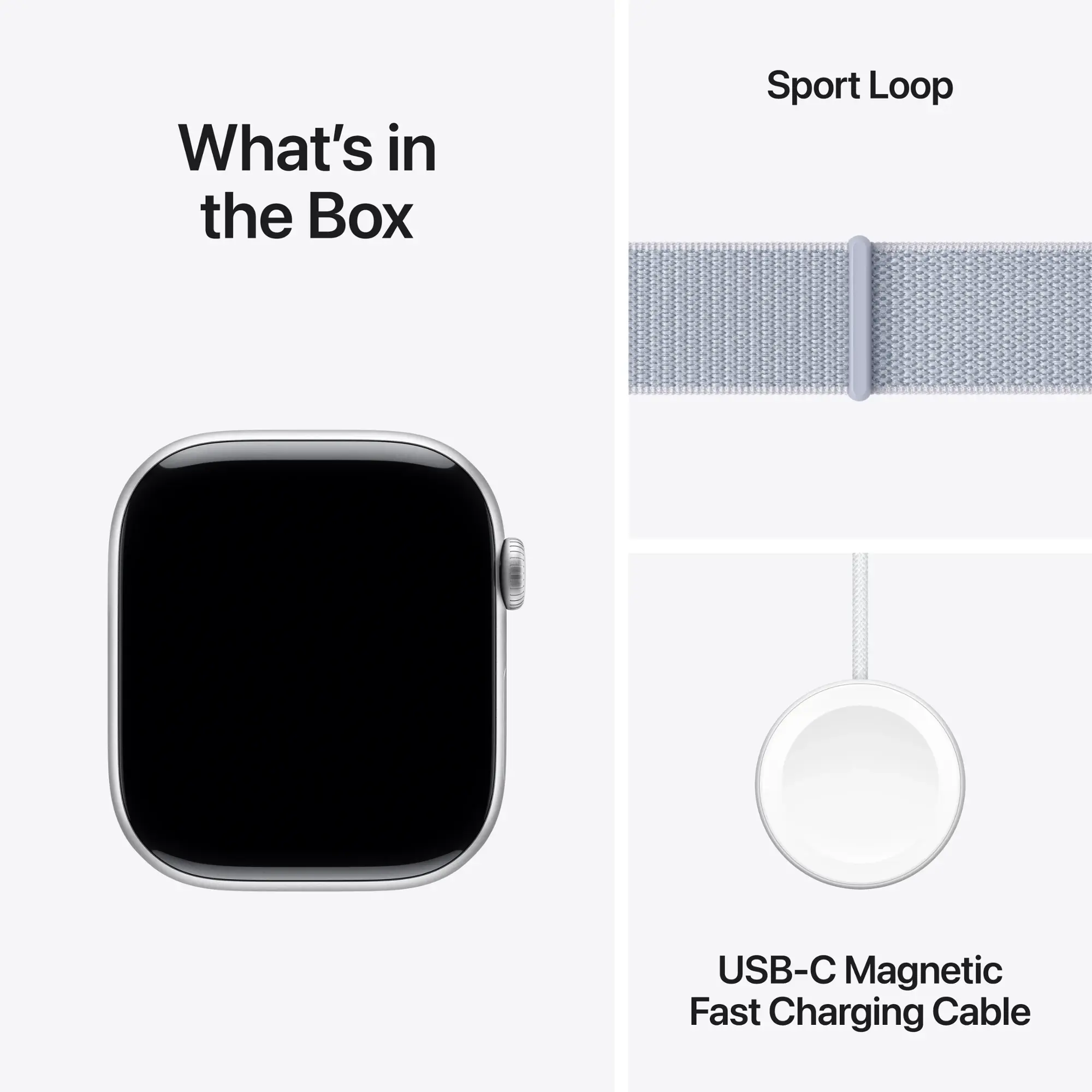 Obraz przedstawia Apple Watch, opaskę Sport Loop i magnetyczny kabel szybkiego ładowania USB-C.