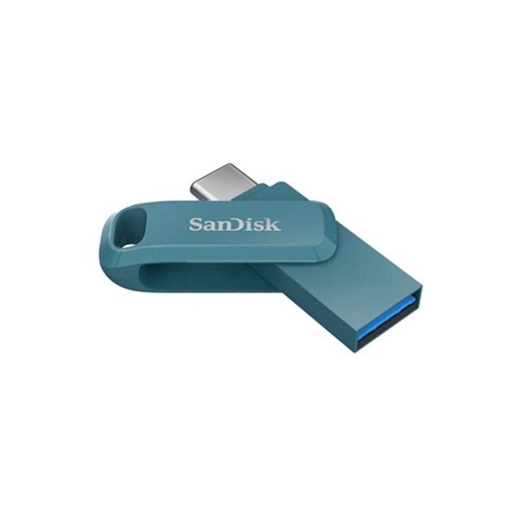 Turkusowy pendrive Sandisk na białym tle. Posiada złącze USB-C i otwór na smycz.