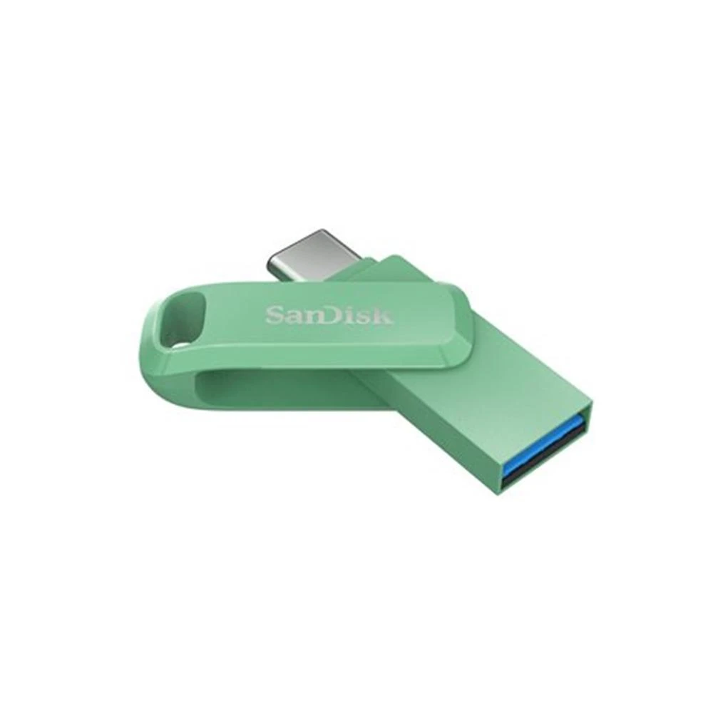Miętowo-zielony pendrive SanDisk na białym tle. USB ma srebrne złącze. Widoczna jest nazwa marki.