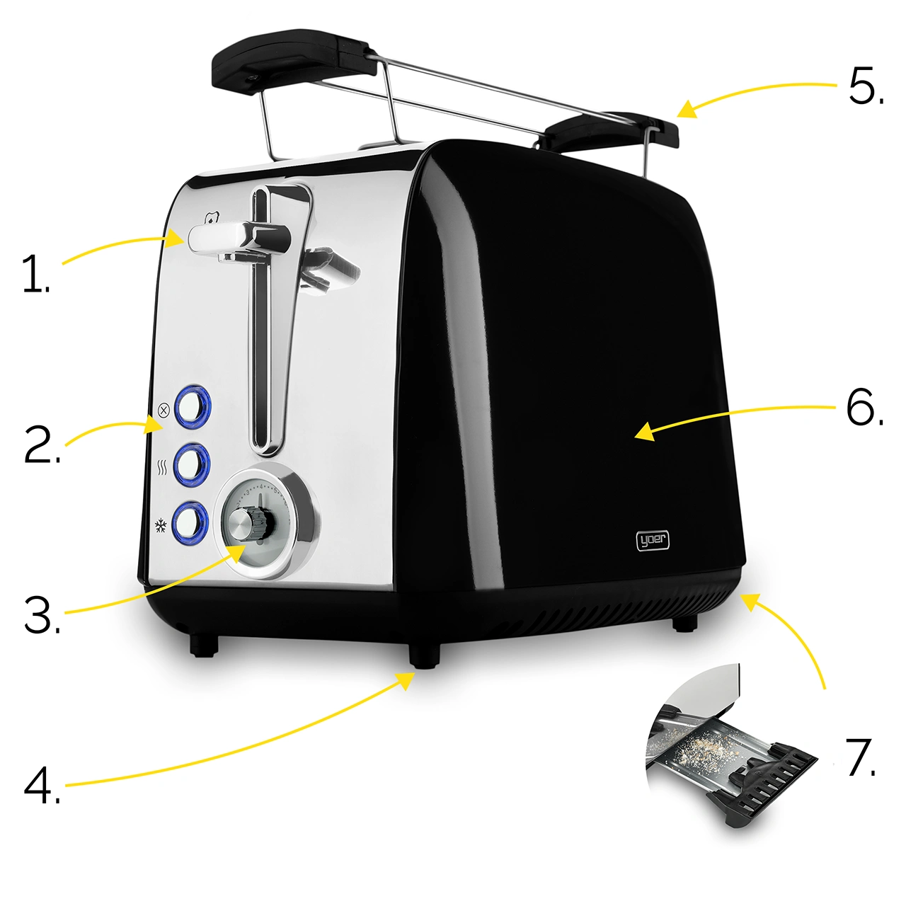Czarny i srebrny toster na białym tle. Ma przyciski, dźwignię i tackę na okruchy. Marka to Yoer.
