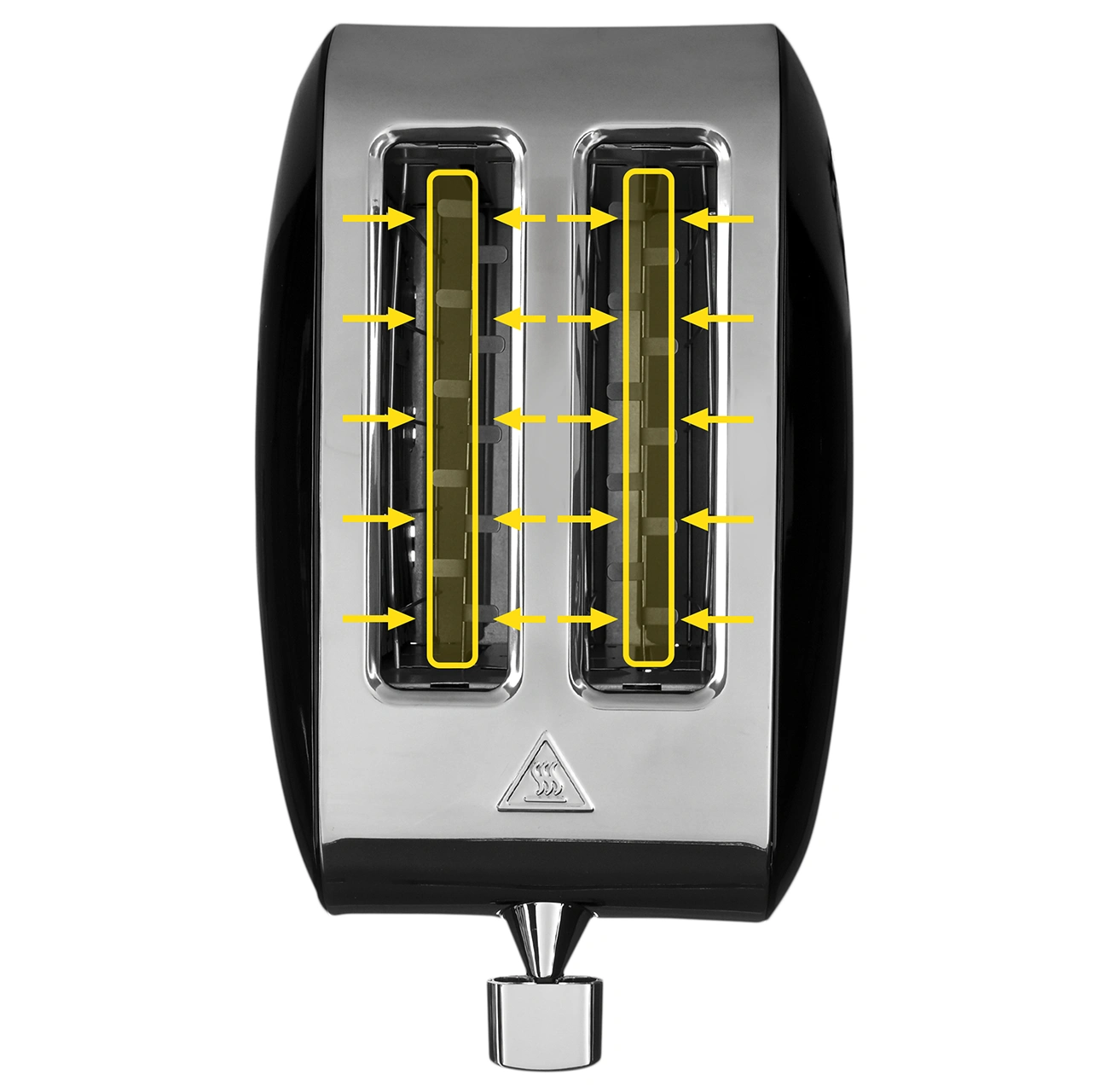 Zbliżenie czarno-srebrnego tostera. Toster ma dwa otwory ze strzałkami skierowanymi do wewnątrz. Obecny jest symbol ostrzegawczy.