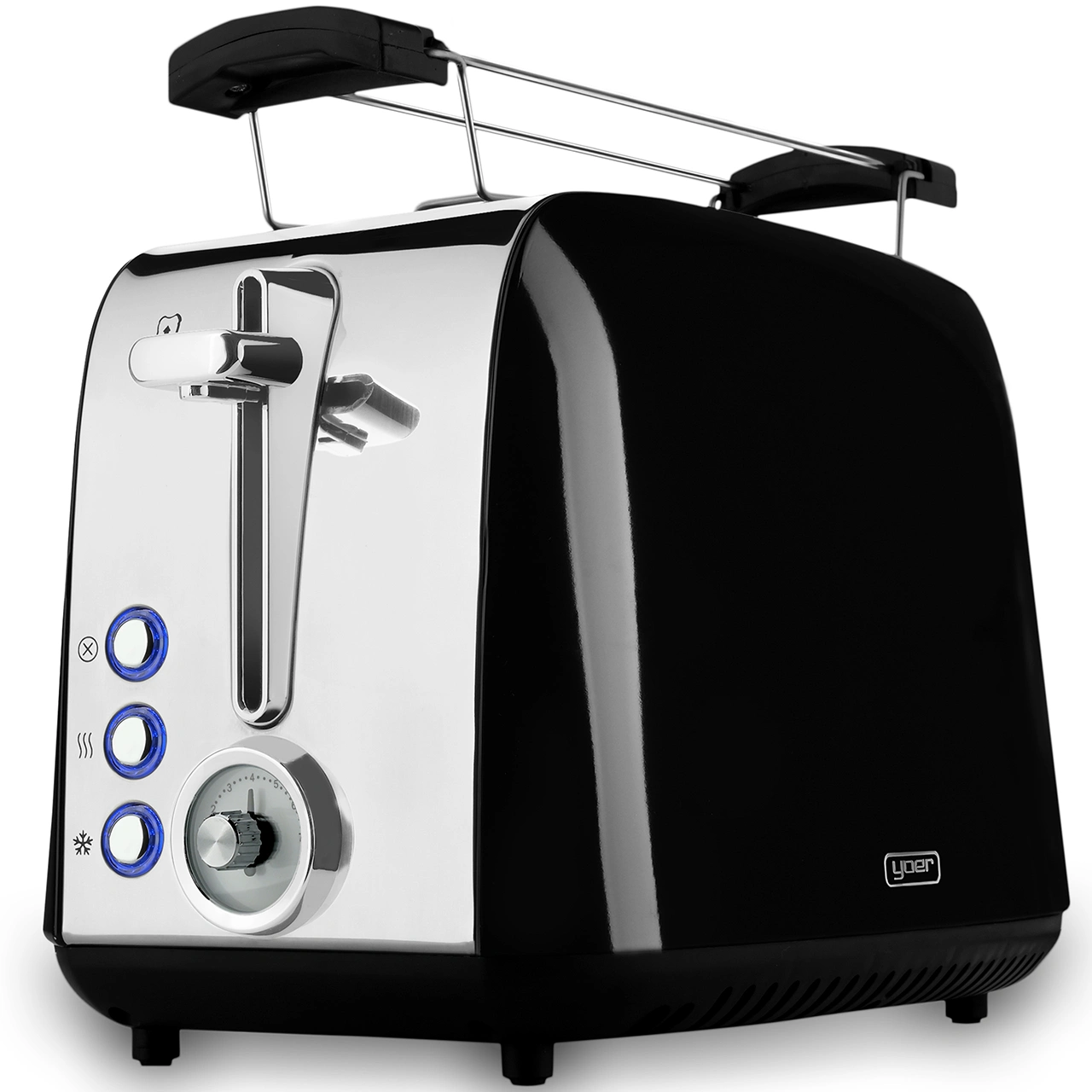 Toster na dwa tosty w czarno-srebrnym wykończeniu. Posiada dźwignię, przyciski i pokrętło do regulacji stopnia opiekania.