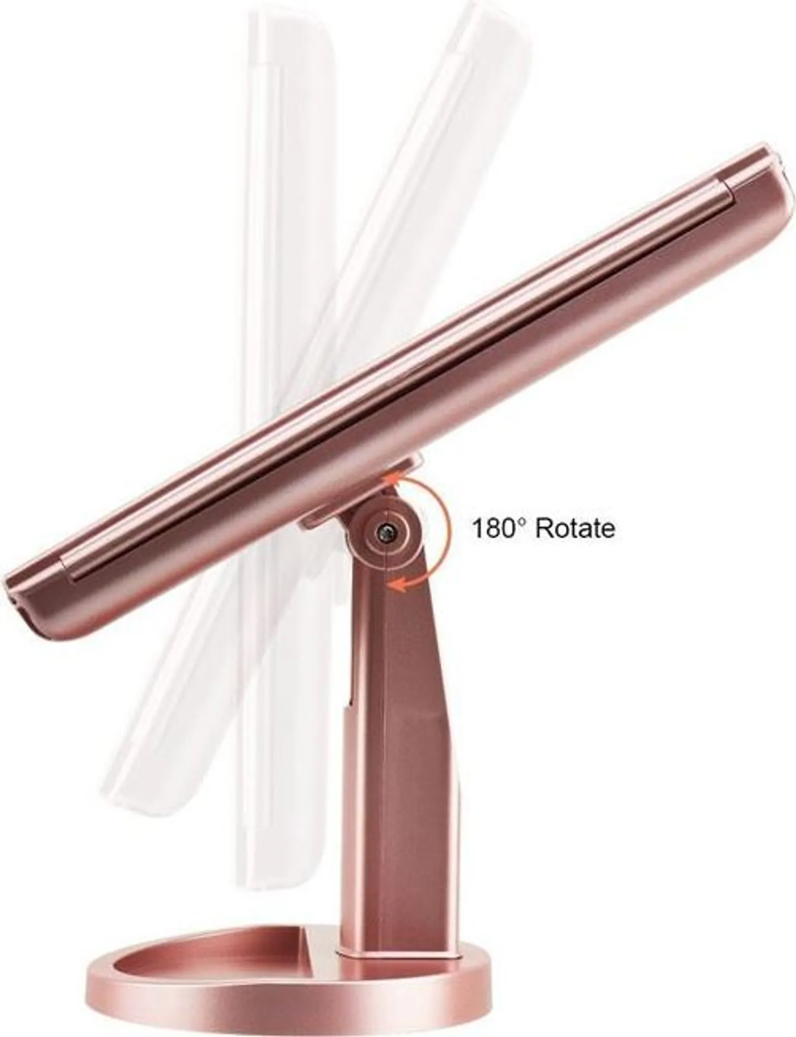 Roségoldener Schminkspiegel. Lässt sich um 180 Grad drehen. Mit rundem Sockel, vertikalem Ständer und rechteckigem Spiegel.
