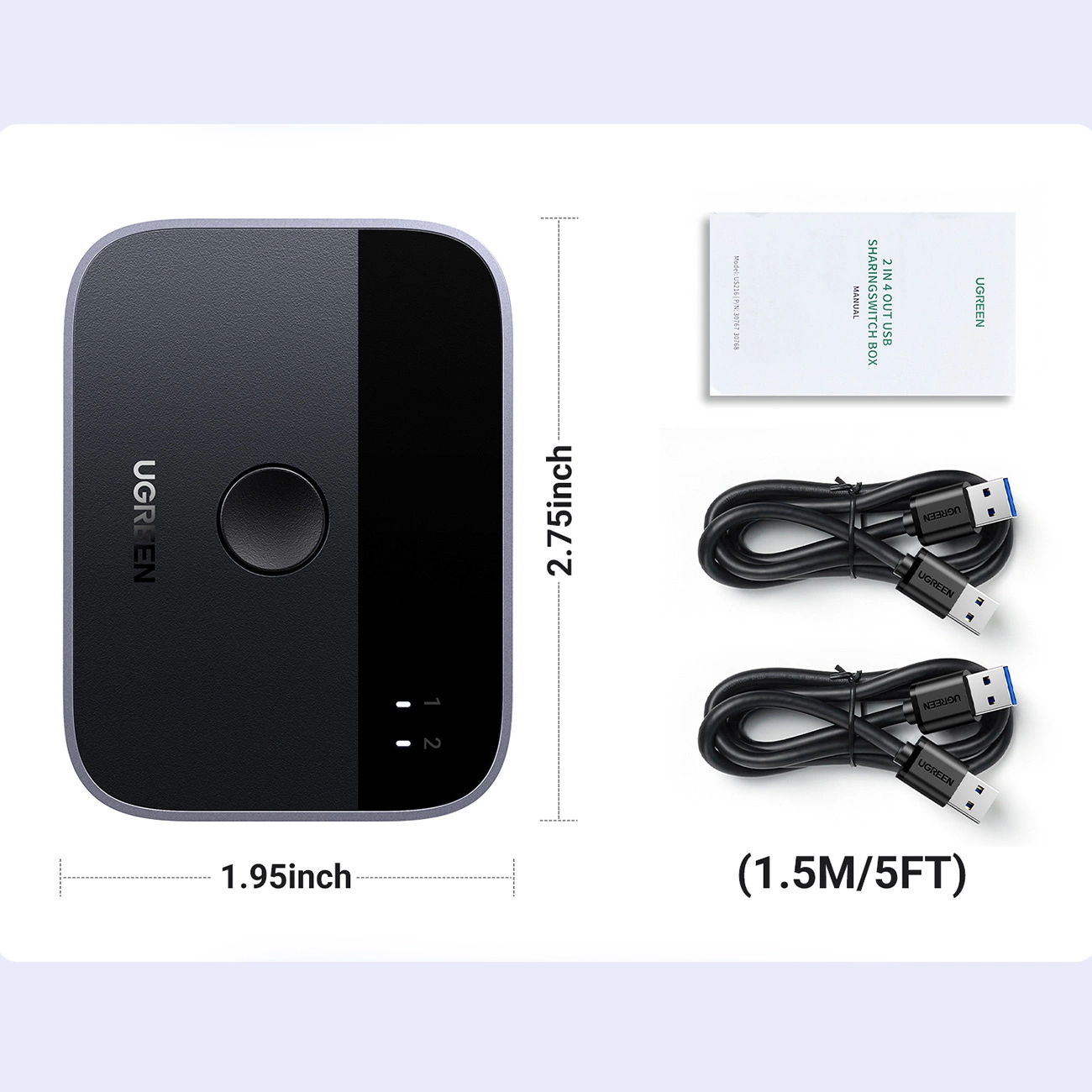 Przełącznik udostępniania USB UGREEN z dwoma kablami USB, instrukcją i oznaczonymi wymiarami. Pudełko jest czarne z guzikiem.