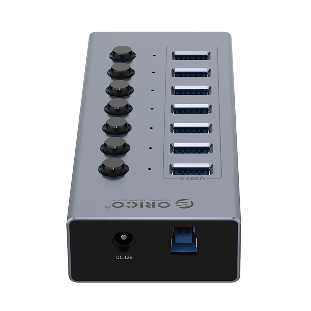 Szary hub USB 3.0 z wieloma portami USB. Posiada przyciski zasilania, port DC 12V i logo 'ORICO'.