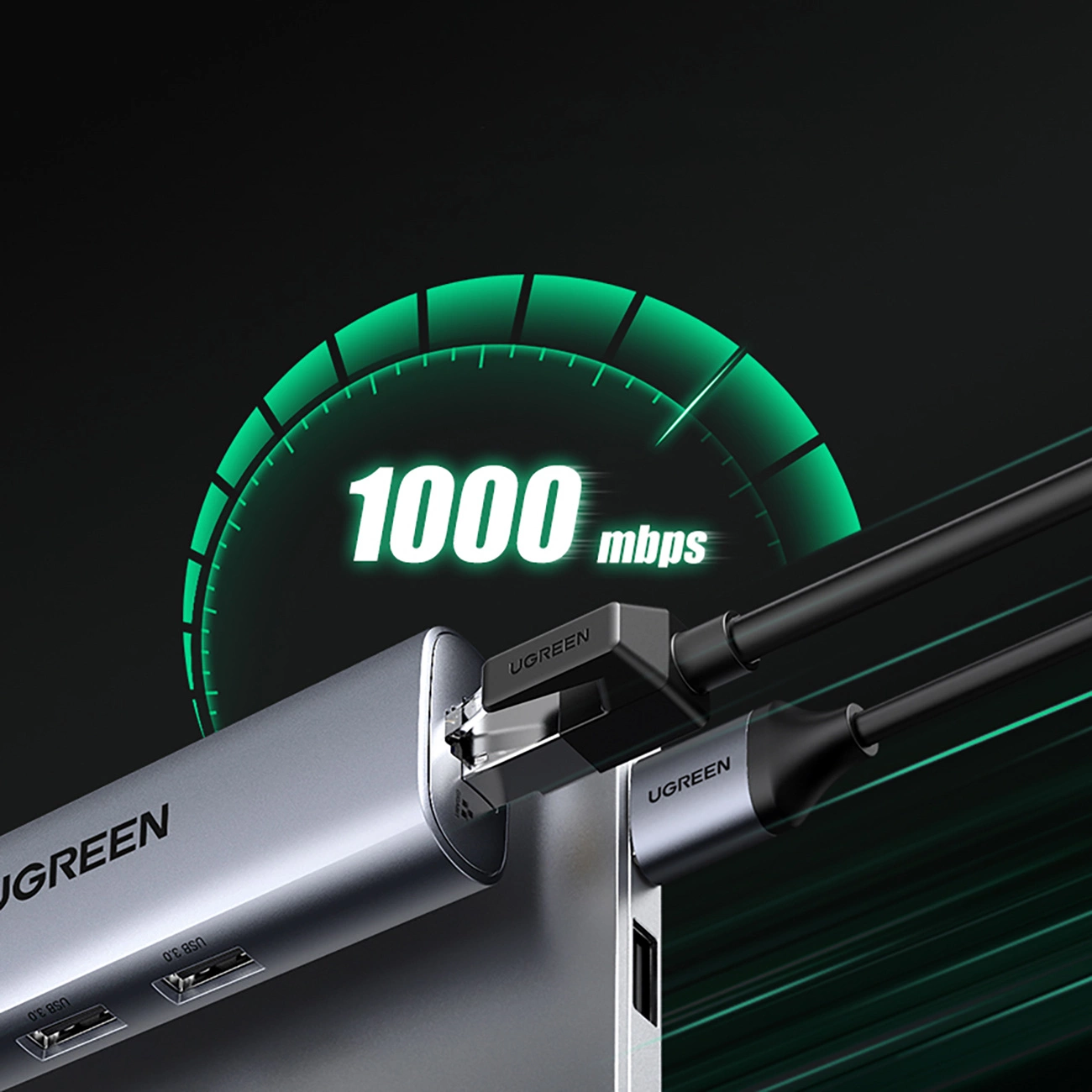 Srebrny hub UGREEN z podłączonymi kablami. Zielony prędkościomierz pokazuje 1000 Mb/s. Tło jest ciemnozielone.