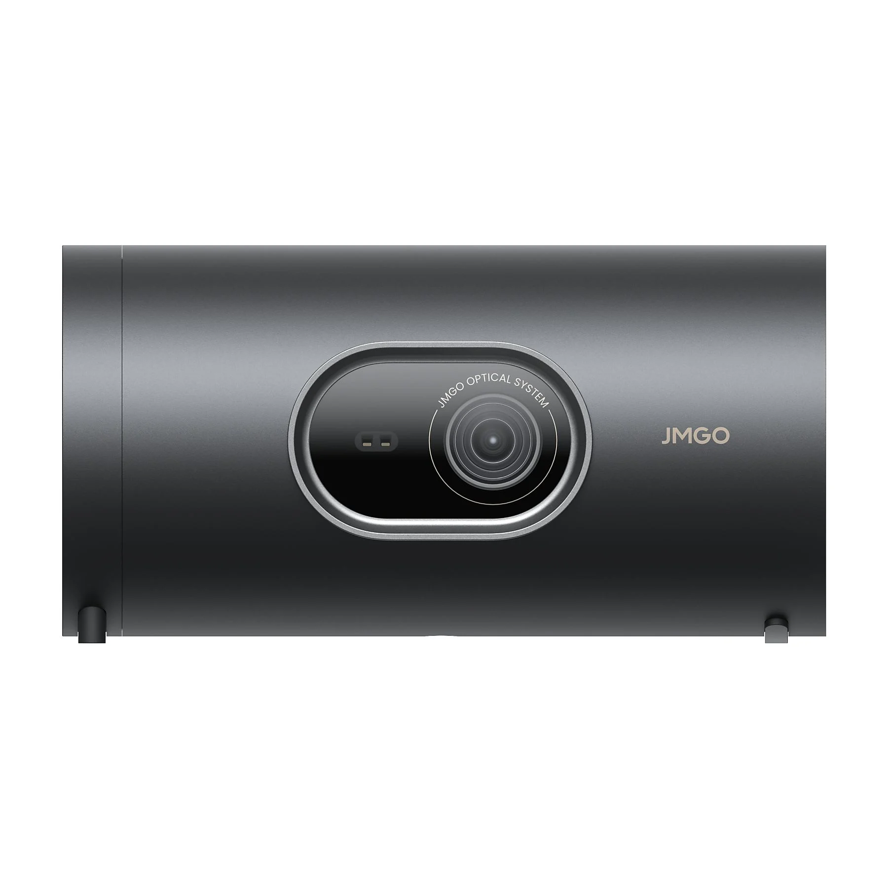 Ciemnoszary projektor JMGO. Ma obiektyw i napis 'JMGO OPTICAL SYSTEM'. Tło jest białe.