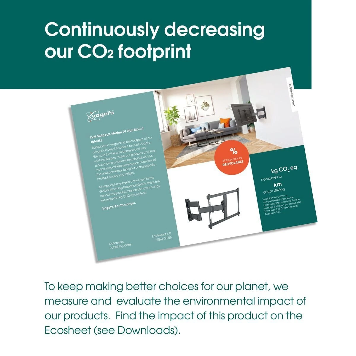 Ulotka z tekstem o śladzie węglowym, informacjami o produkcie i uchwycie TV. Zawiera scenę pokoju i info o recyklingu.