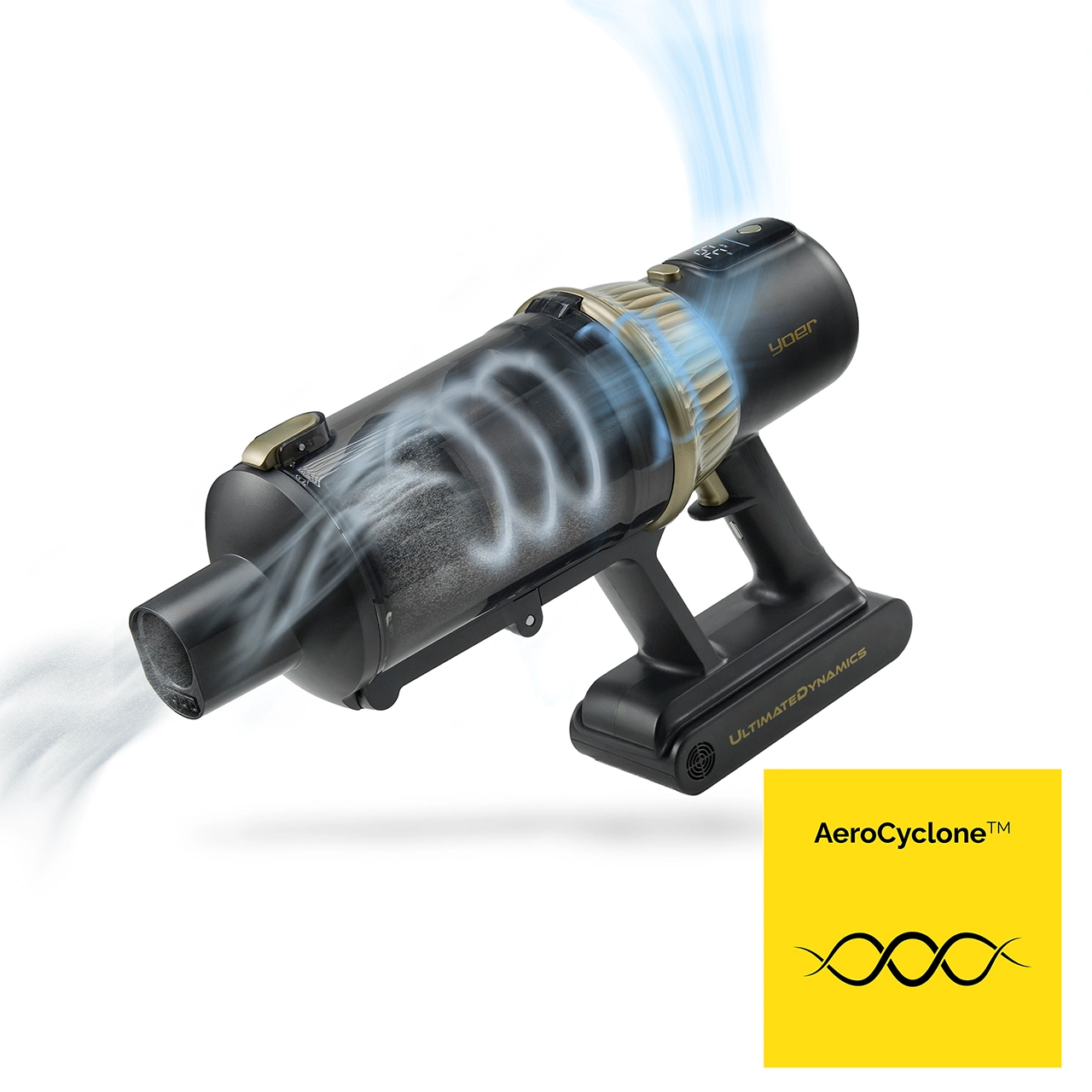 Czarno-złoty odkurzacz bezprzewodowy z niebieskim przepływem powietrza. Odkurzacz ma żółte logo AeroCyclone.