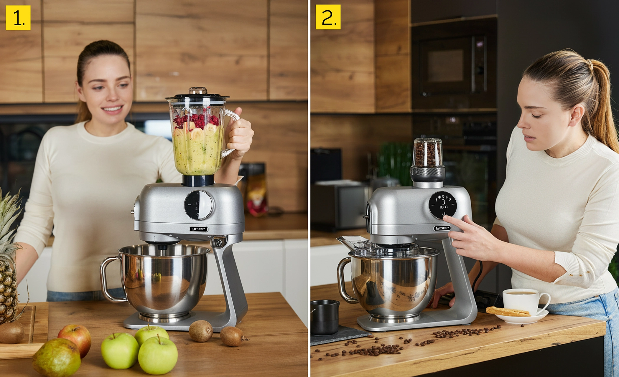 Kobieta używa srebrnej maszyny kuchennej. Ma blender i przystawkę do miski. Owoce na drewnianym stole.